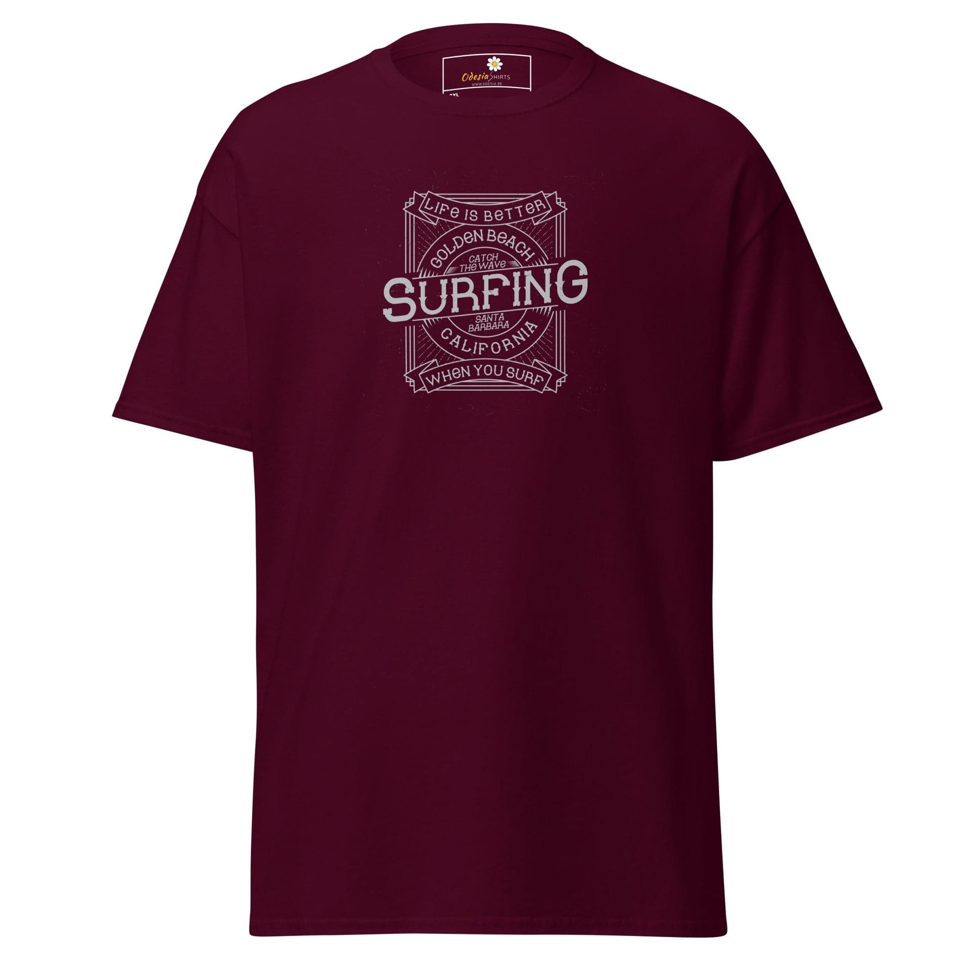Maroon T-Shirt with Surfing Graphic from T-SHIRT DESIGN TEE for Men and Women