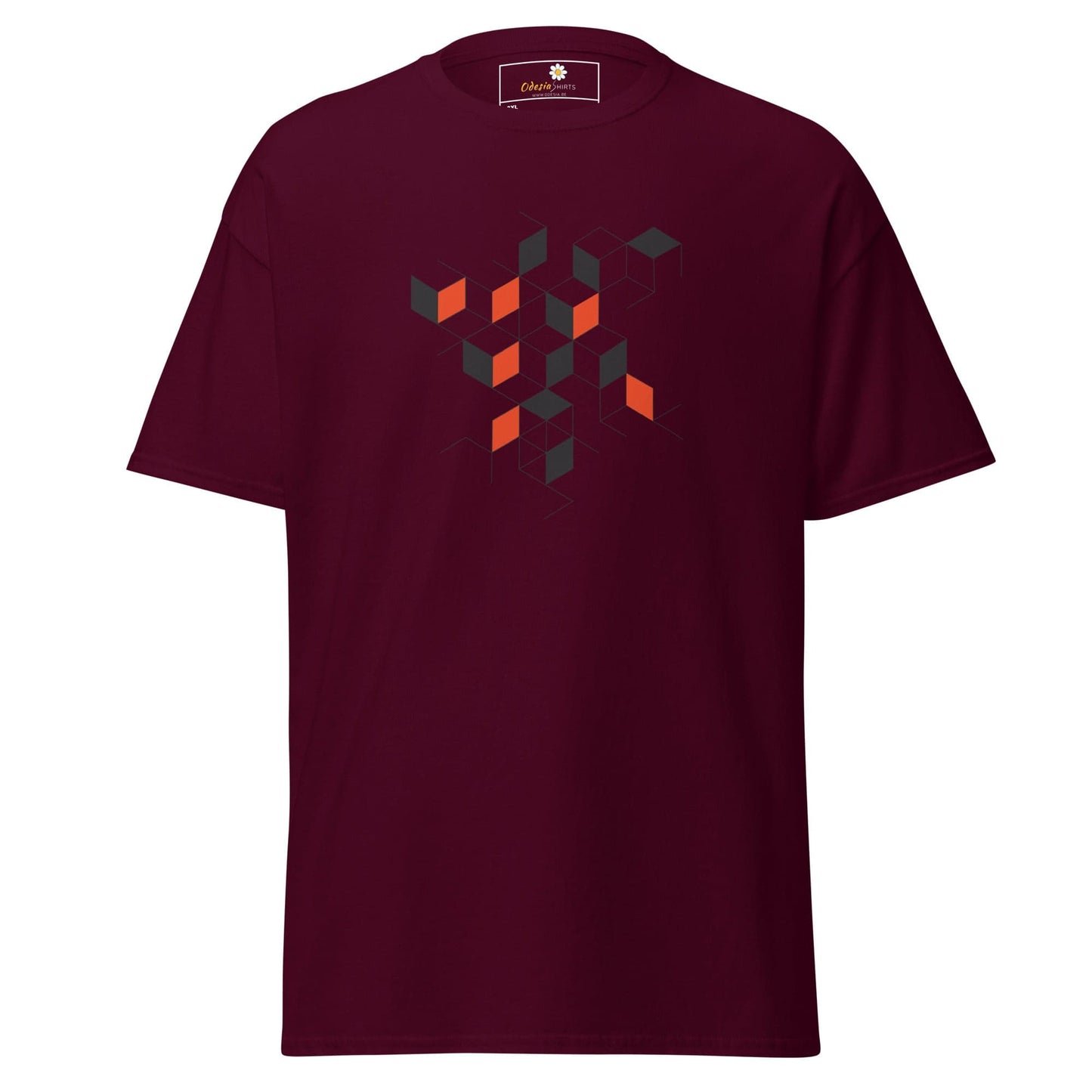 Maroon T-shirt with geometric design from T-SHIRT DESIGN TEE for Men and Women in 2XL to 5XL