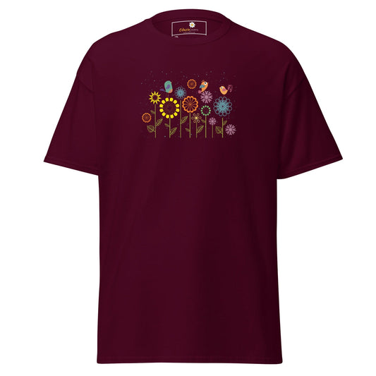 Maroon t-shirt with floral and bird design.