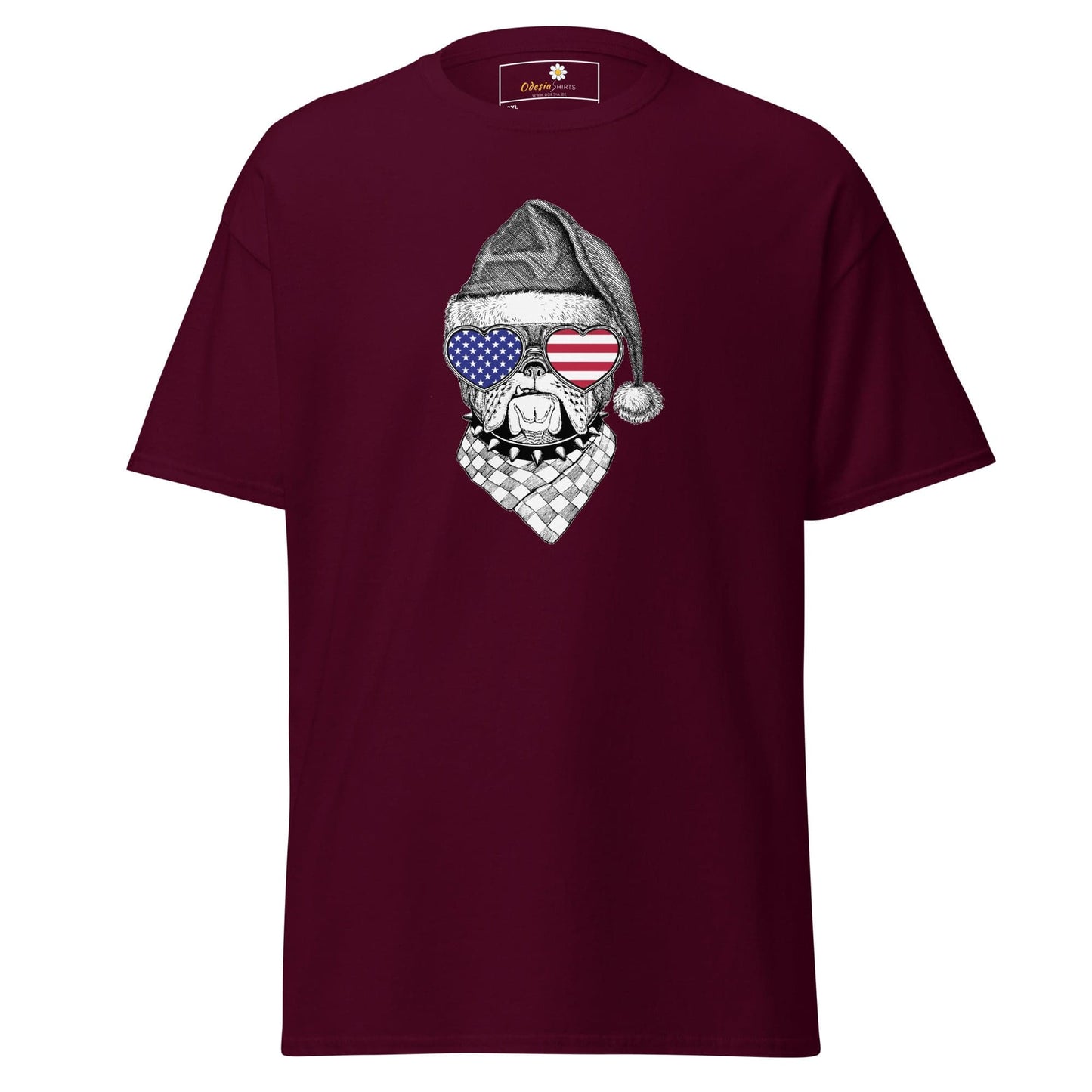 Maroon T-shirt featuring a dog graphic, designed for men and women in larger sizes