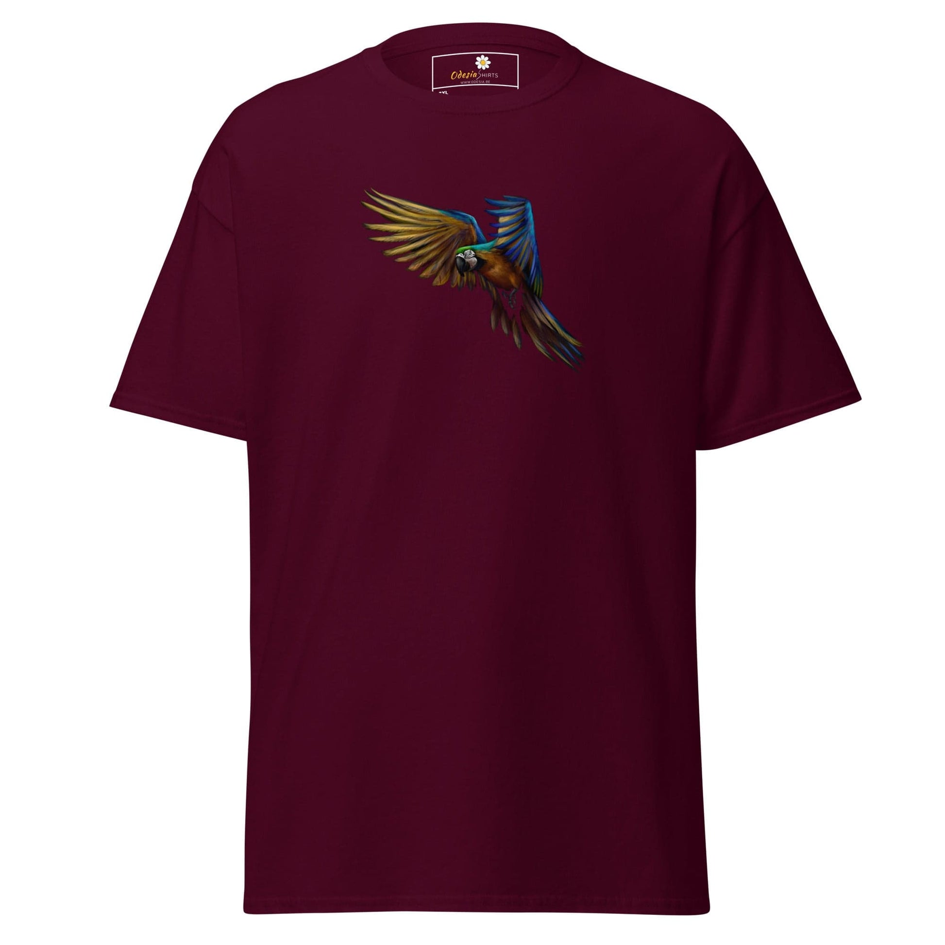 Maroon T-shirt with parrot graphic for Men and Women in sizes 2XL to 5XL
