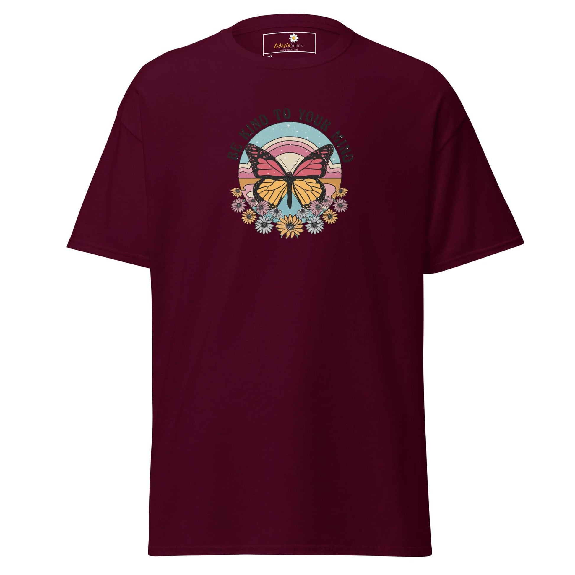 Maroon t-shirt with butterfly graphic.