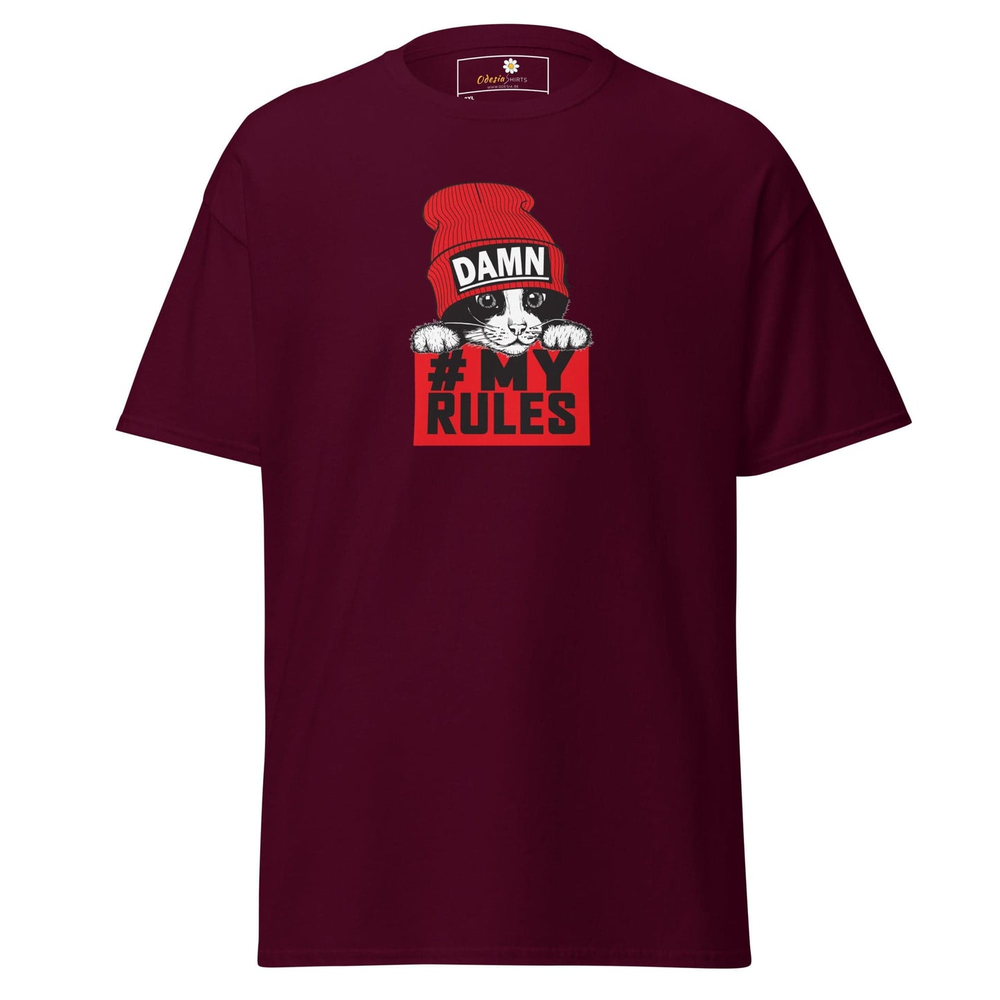 Maroon t-shirt with cat graphic.