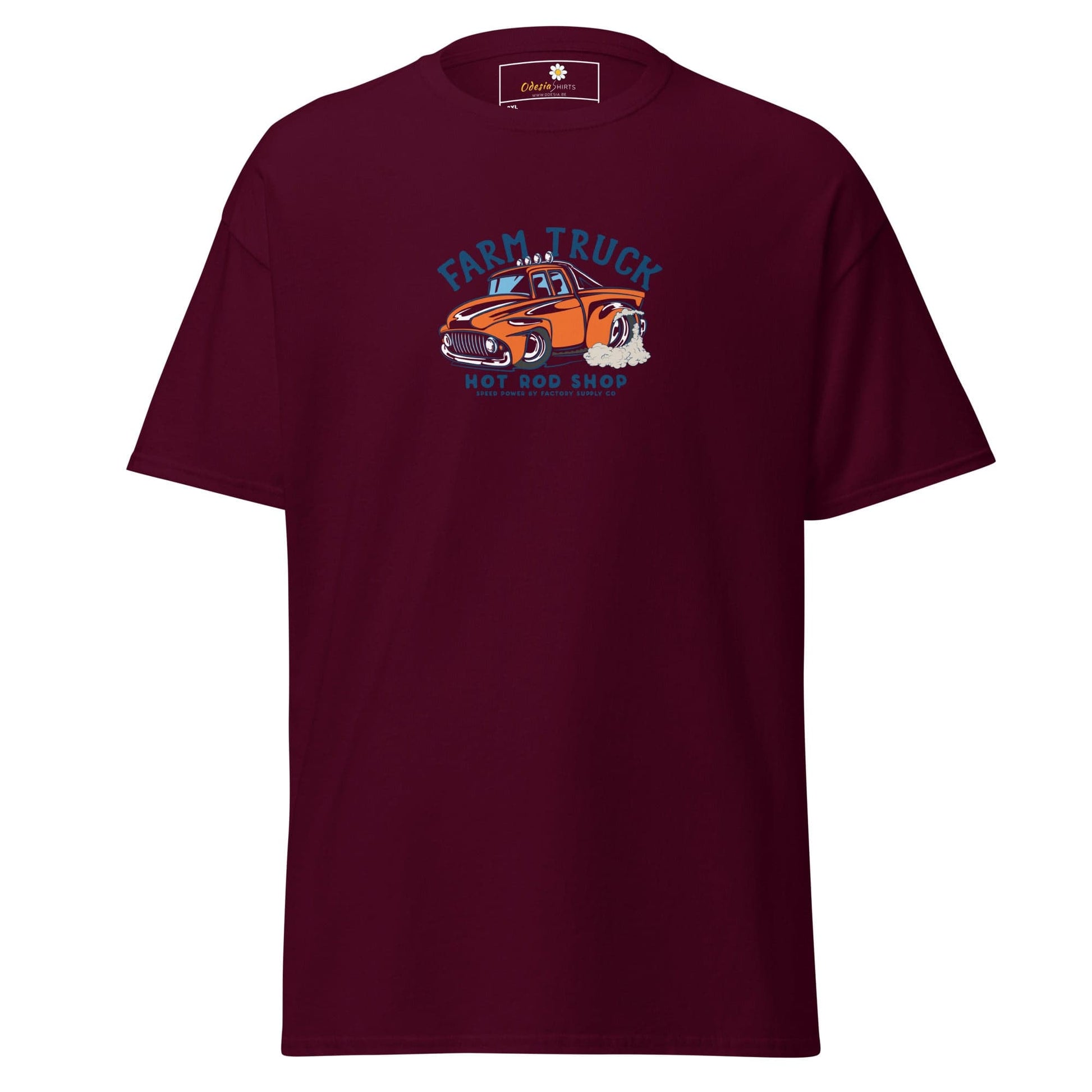 Maroon t-shirt with truck graphic.