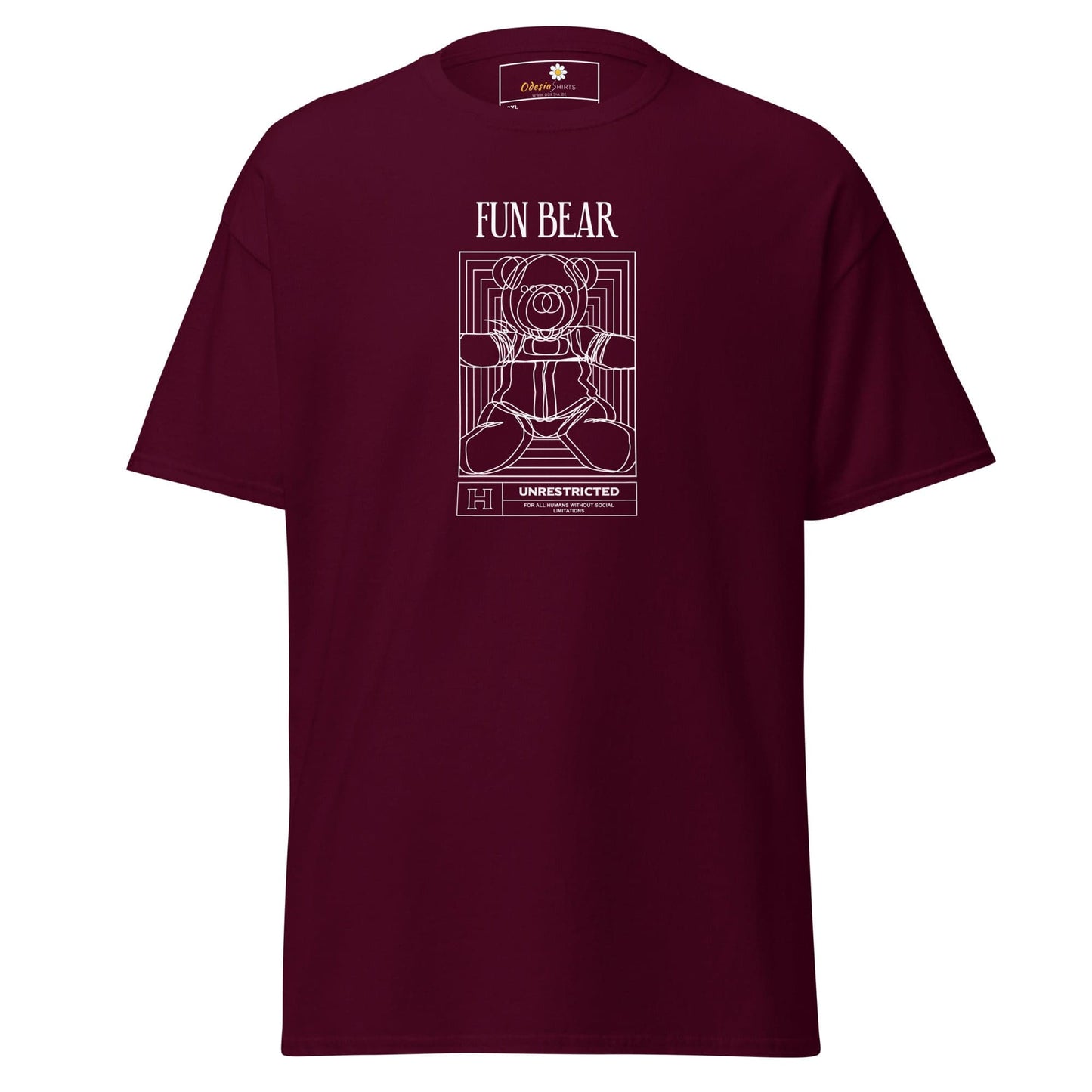 Maroon t-shirt with white bear graphic.