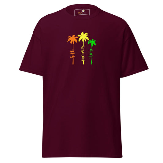Maroon t-shirt with colorful palm tree design.