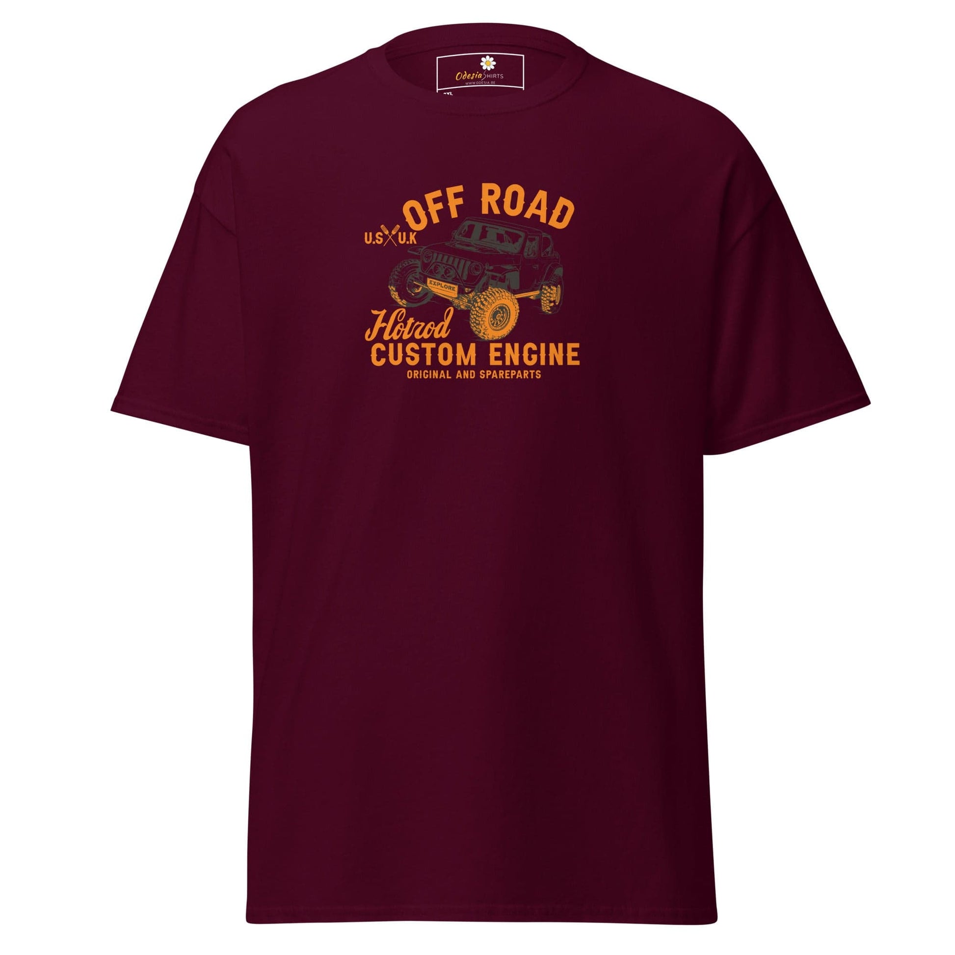 Maroon graphic tee.