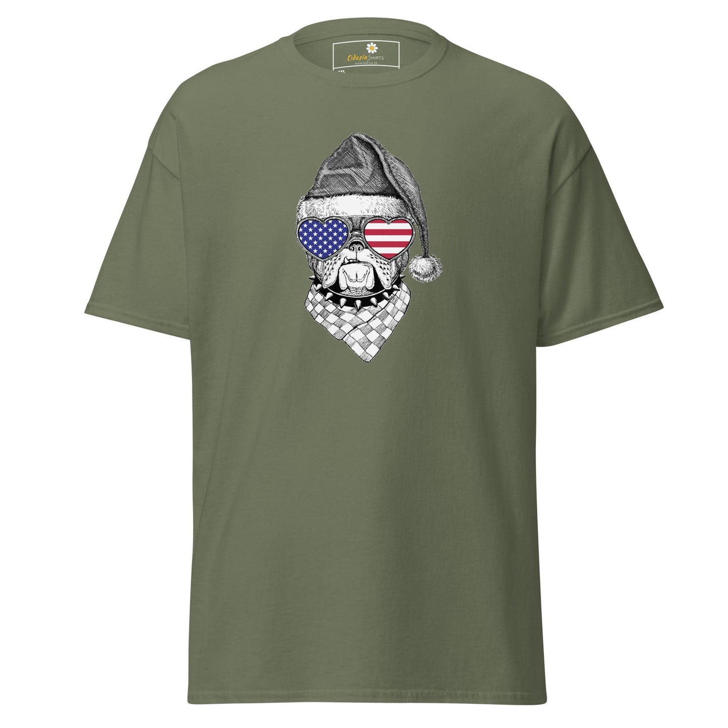 Olive green T-shirt with dog graphic available in 2XL to 5XL for men and women