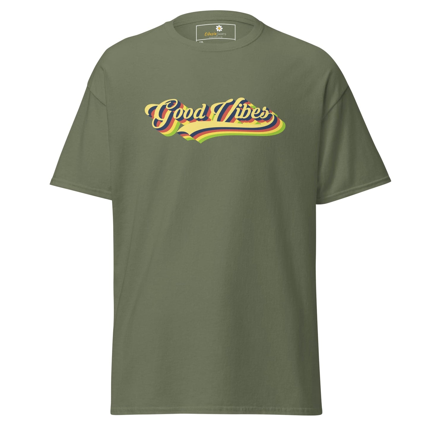 Olive green t-shirt with ’Good Vibes’ graphic.