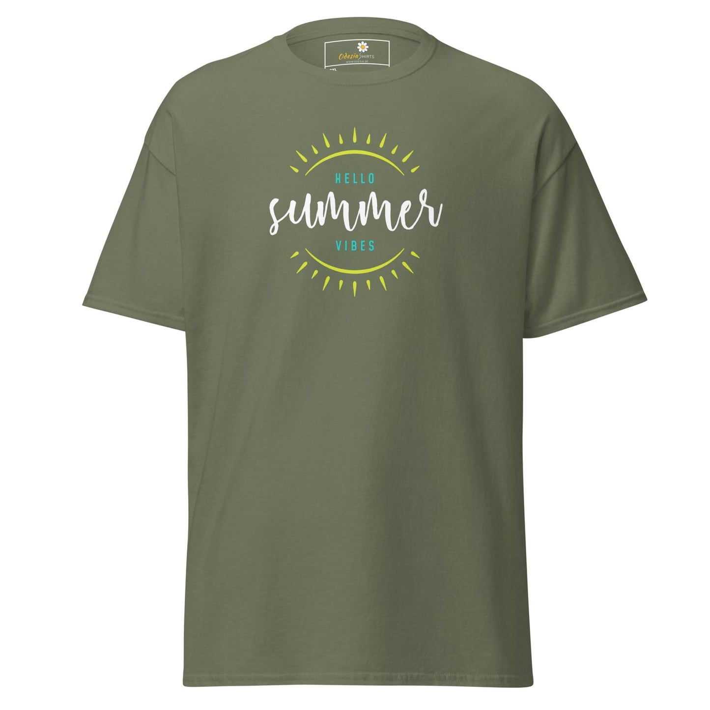 Olive green t-shirt with summer graphic.