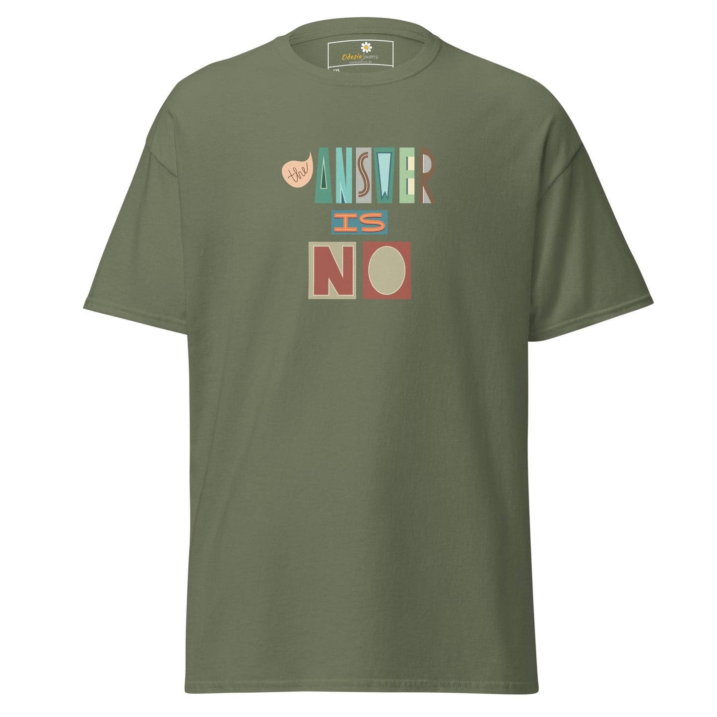 Olive green t-shirt.