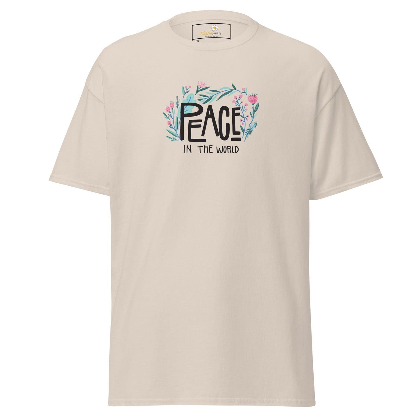 Beige T-shirt with Peace in the World floral design for Men and Women in 2XL-5XL
