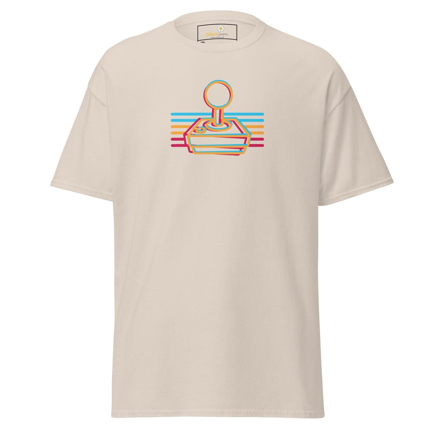 Beige t-shirt with retro joystick design.