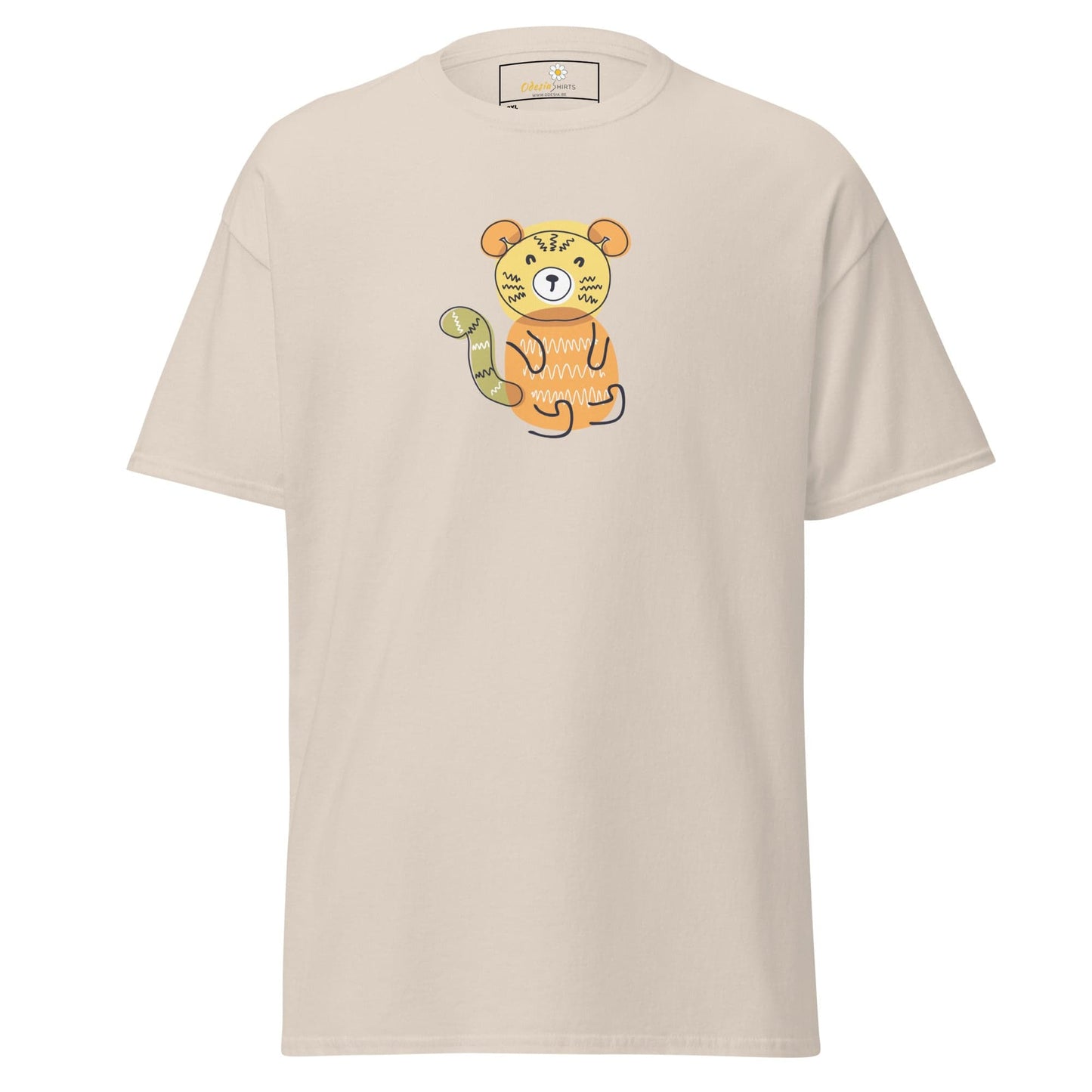 Beige T-shirt with cartoon tiger design, available in larger sizes for men and women