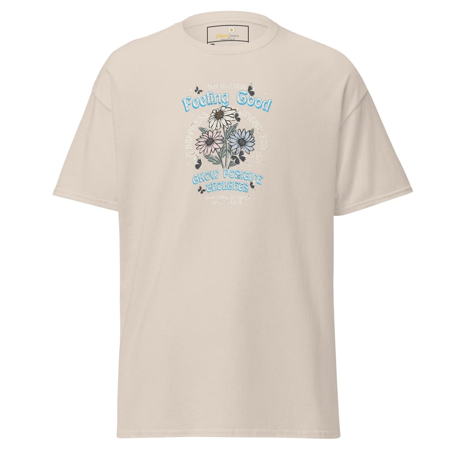 Beige t-shirt with floral design.