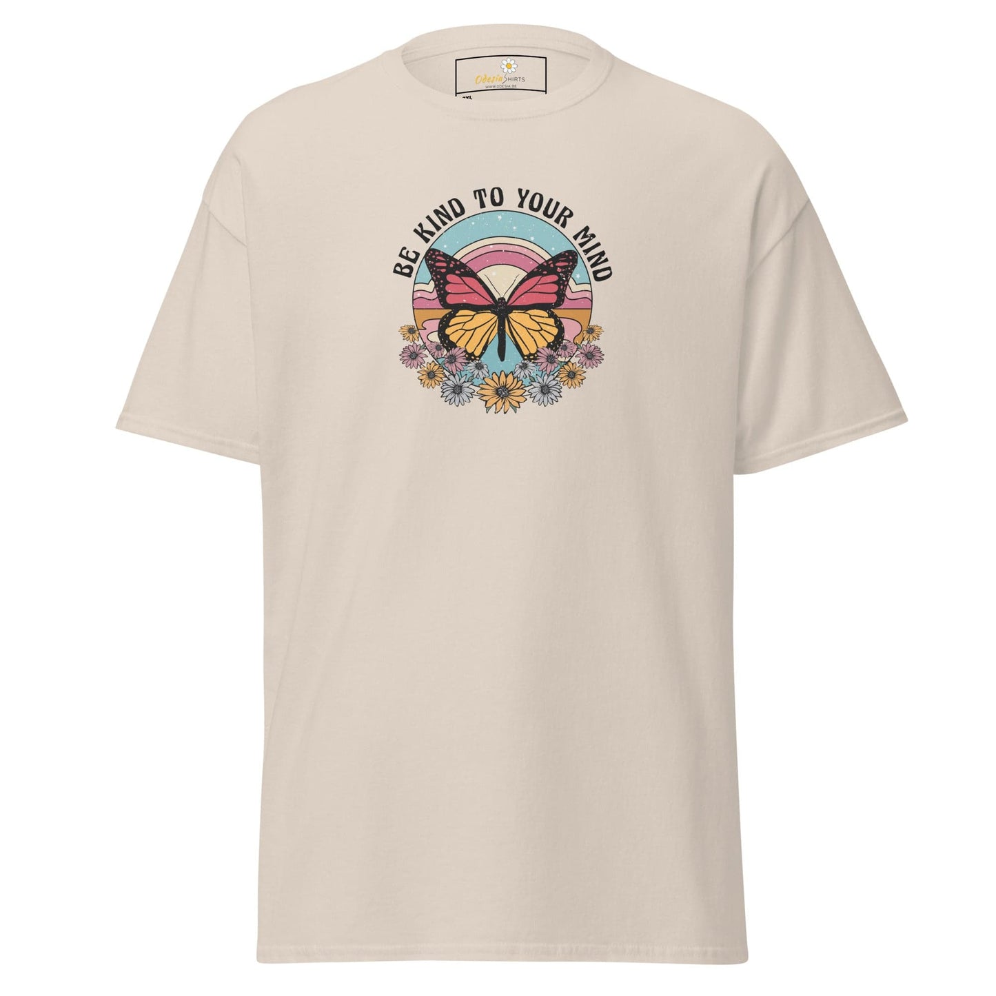Beige t-shirt with butterfly graphic.