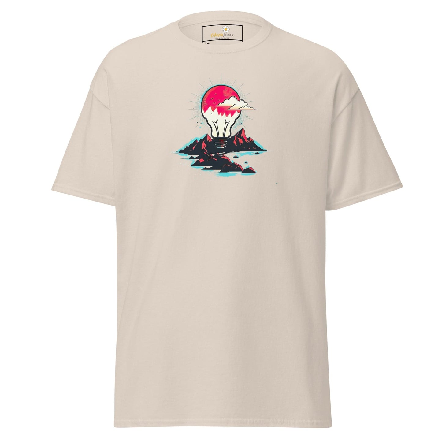 Beige T-shirt with lightbulb design for Men and Women in sizes 2XL to 5XL