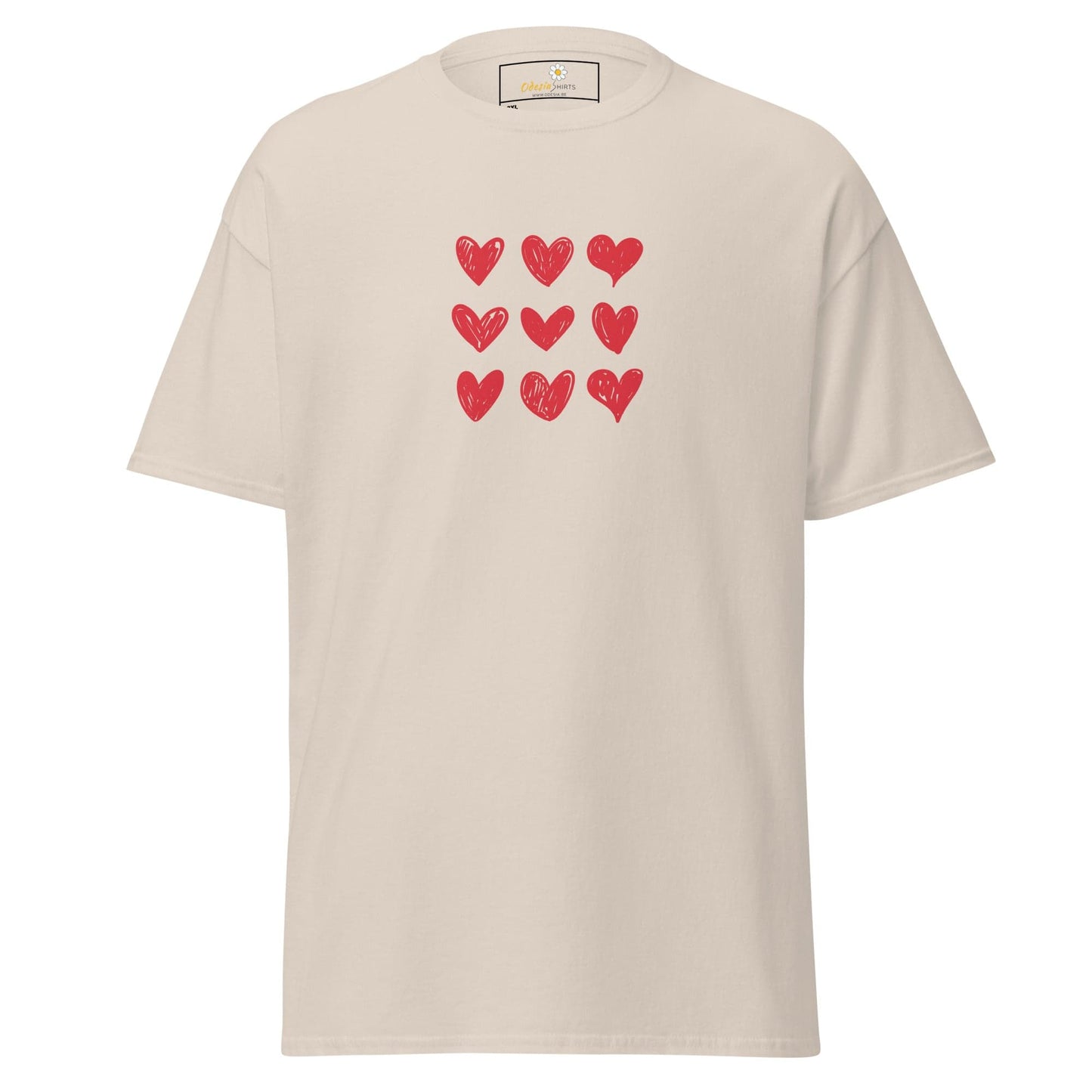 Beige t-shirt with red heart pattern.