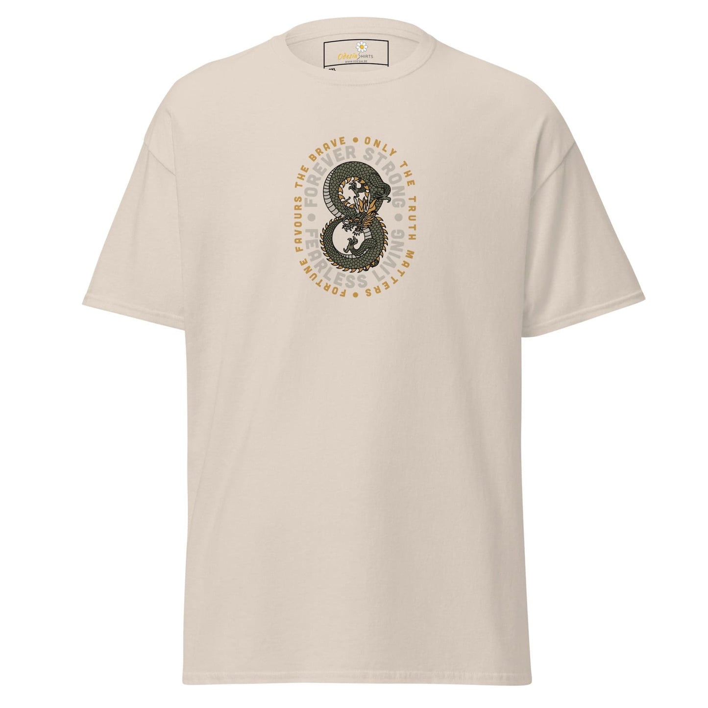 Beige graphic t-shirt.
