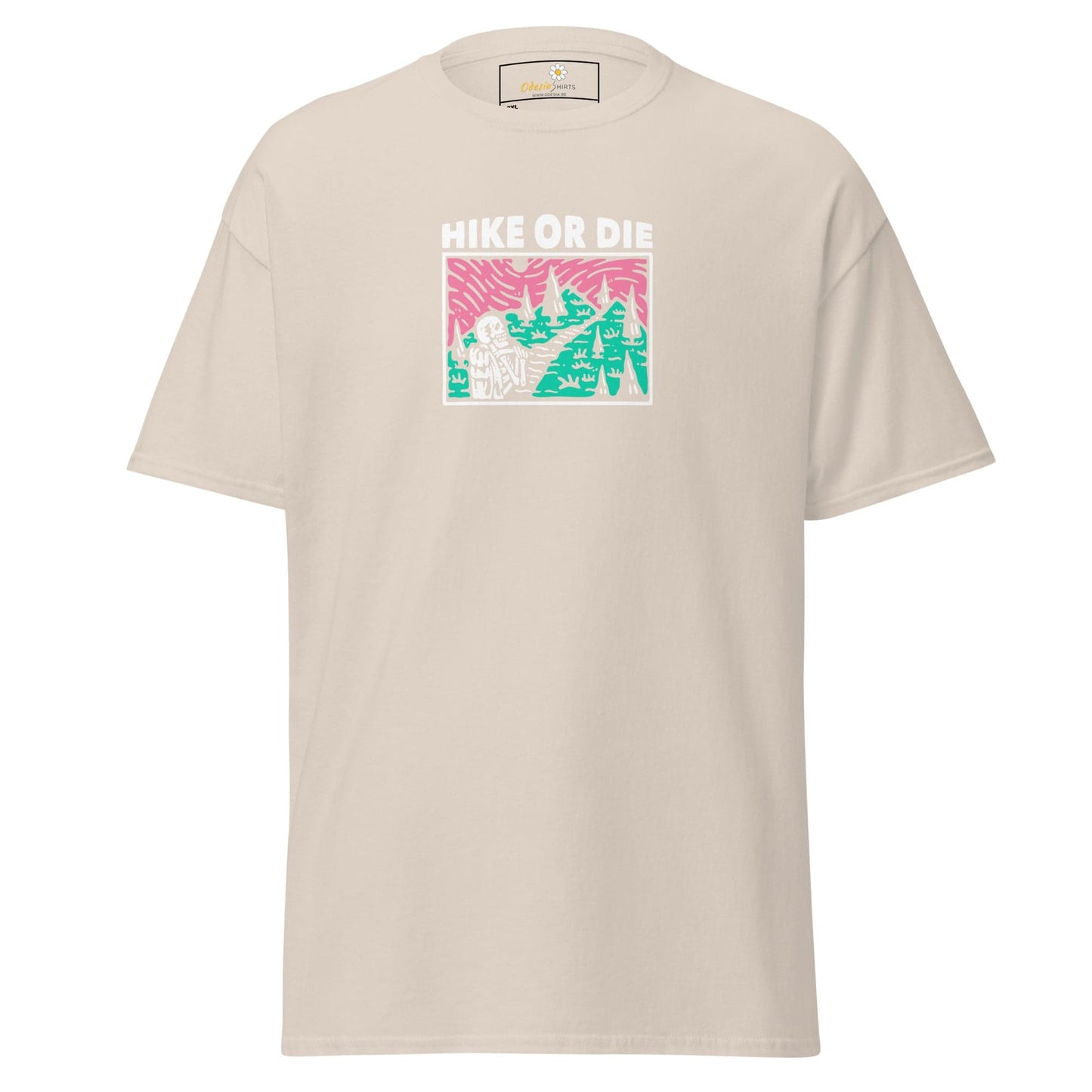 Beige t-shirt with ’Hike or Die’ graphic.