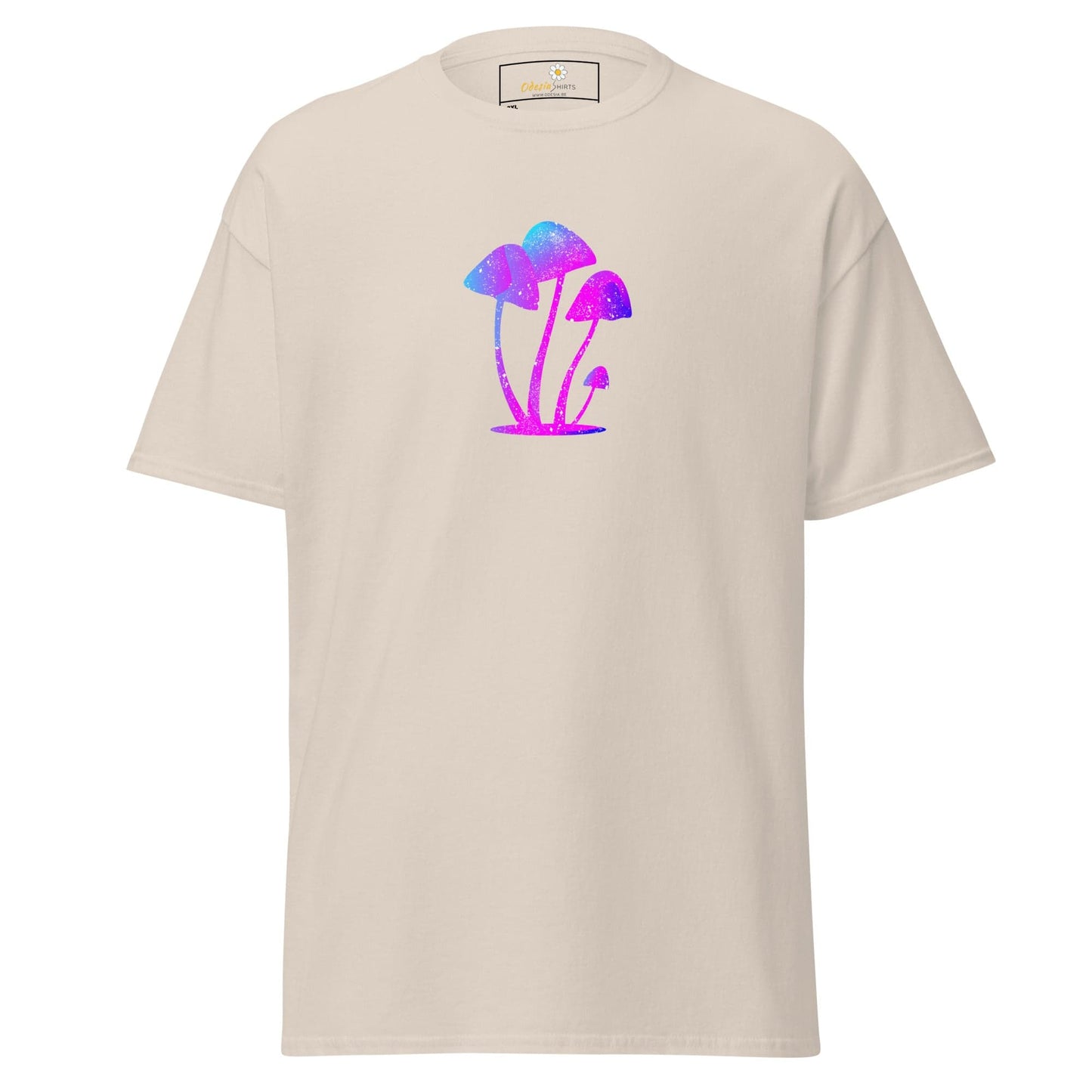 Beige t-shirt with colorful mushroom design.