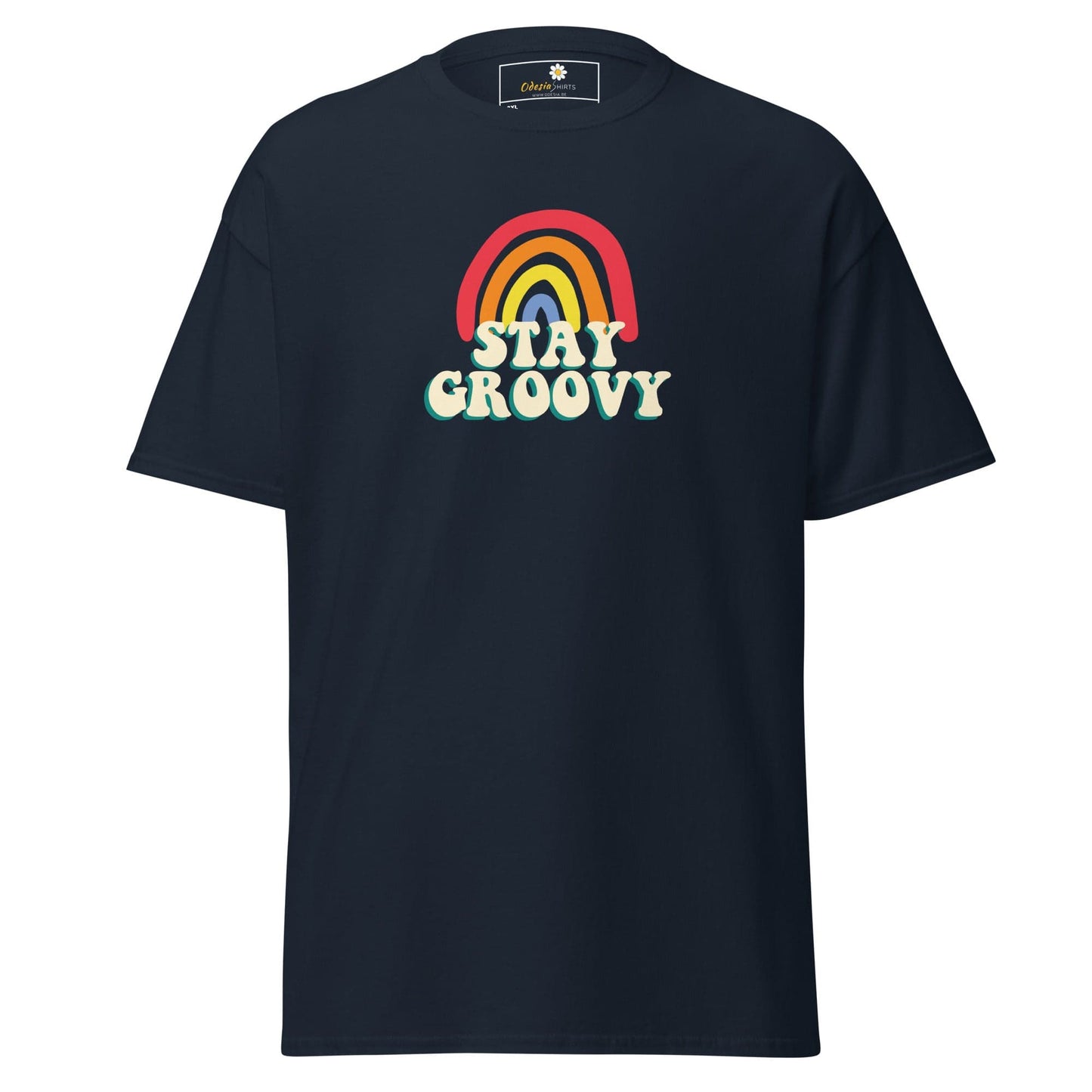 Navy blue t-shirt with rainbow graphic.