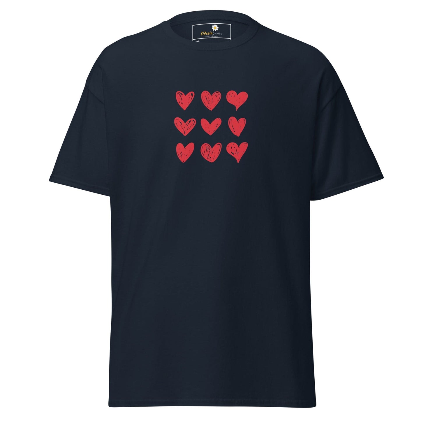 Navy t-shirt with red heart pattern.
