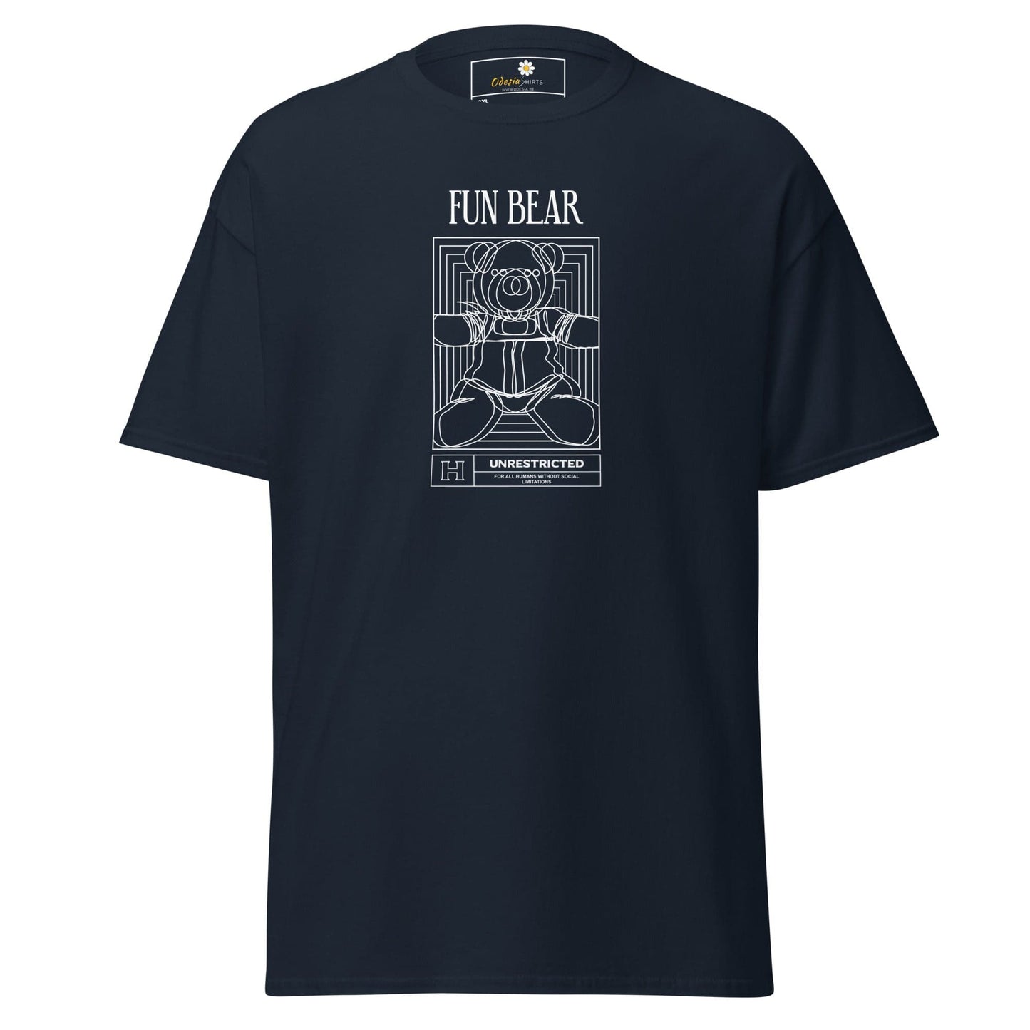 Navy blue t-shirt with a white bear graphic.