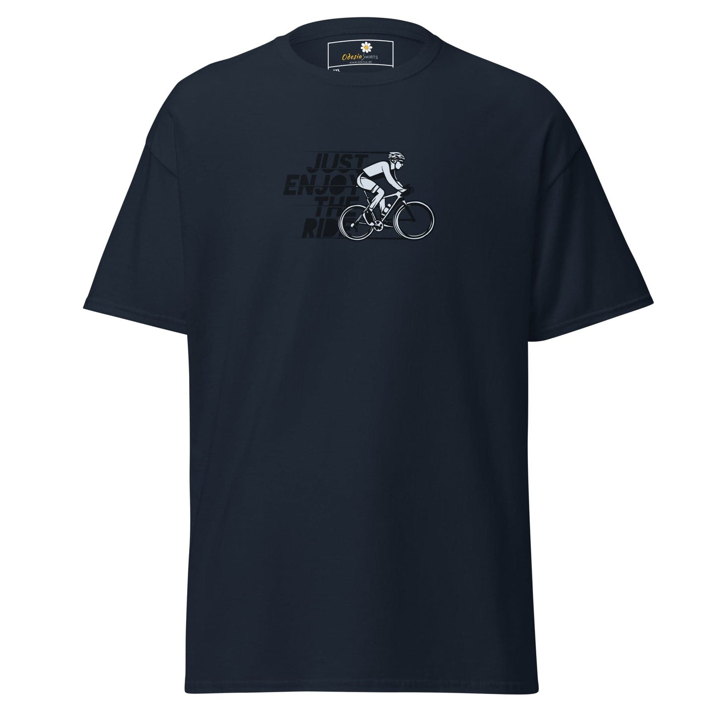 Navy T-shirt featuring a cyclist graphic from T-SHIRT DESIGN TEE for Men and Women