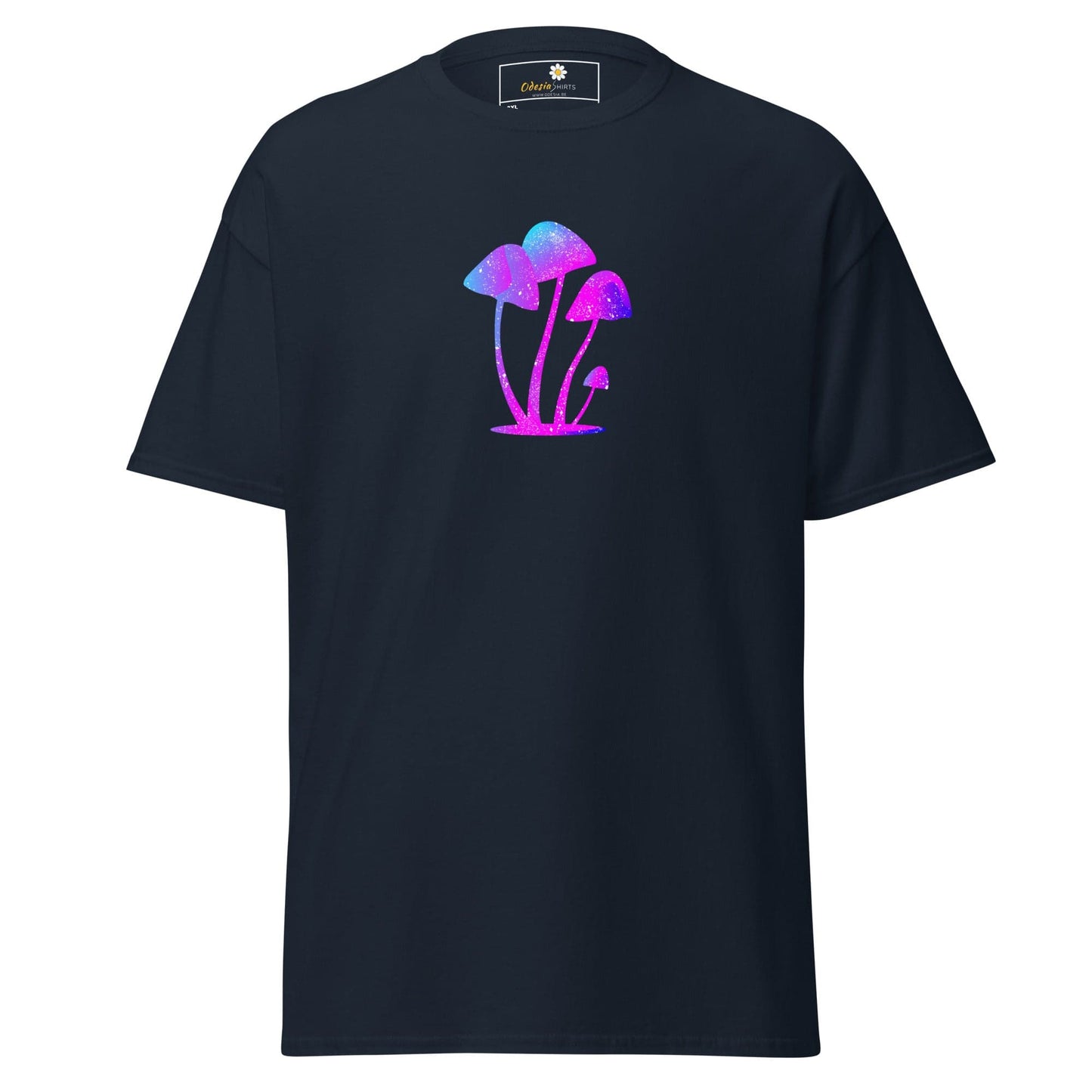 Navy blue t-shirt with mushroom graphic.