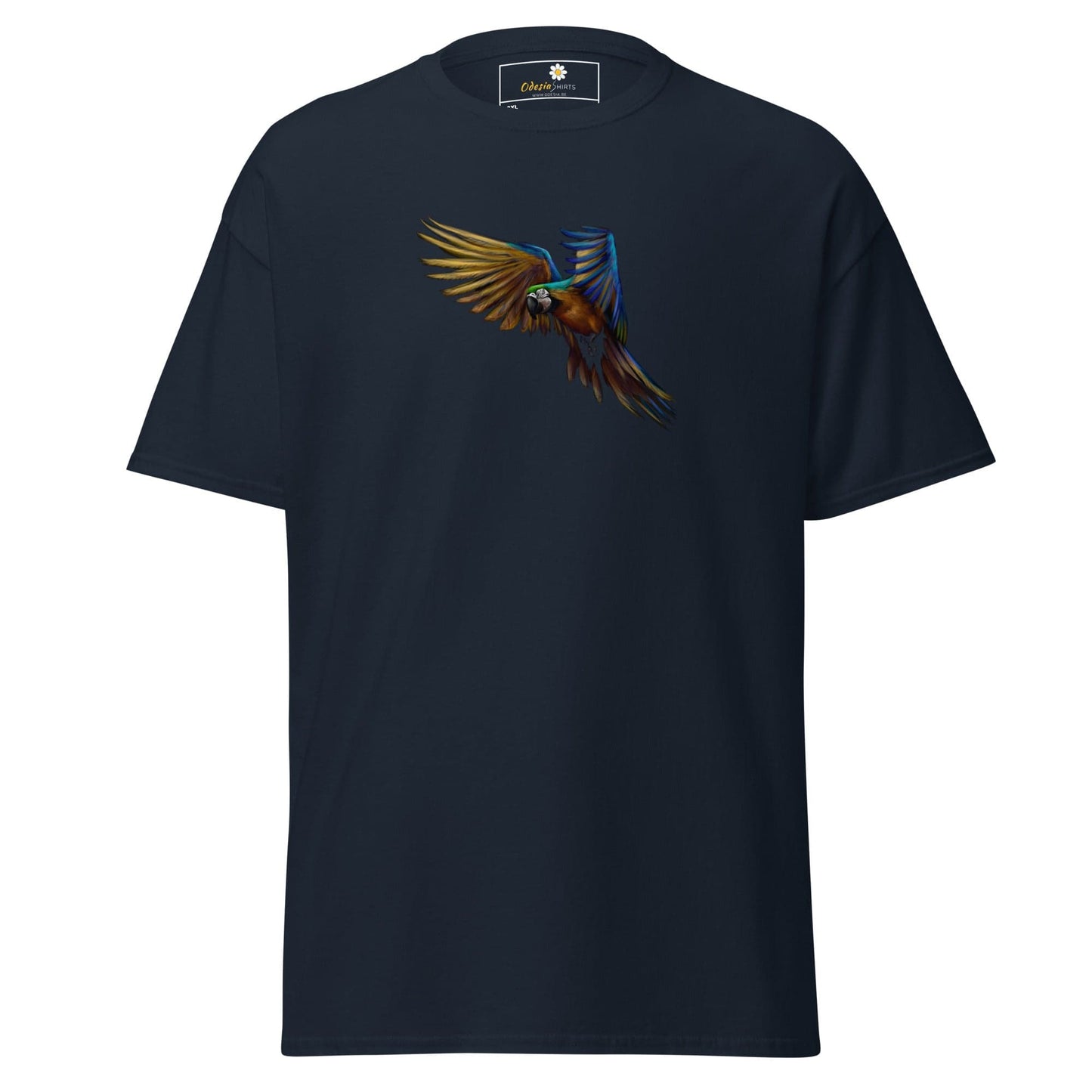 Navy T-shirt with colorful parrot graphic for Men and Women in sizes 2XL to 5XL