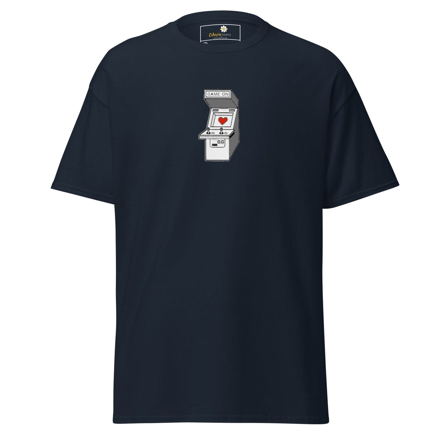 Navy blue T-shirt with arcade game graphic for men and women, available in 2XL to 5XL