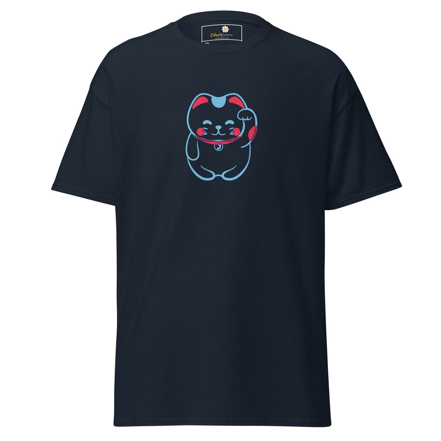 Navy blue t-shirt with cartoon cat graphic for men and women in 2XL to 5XL sizes