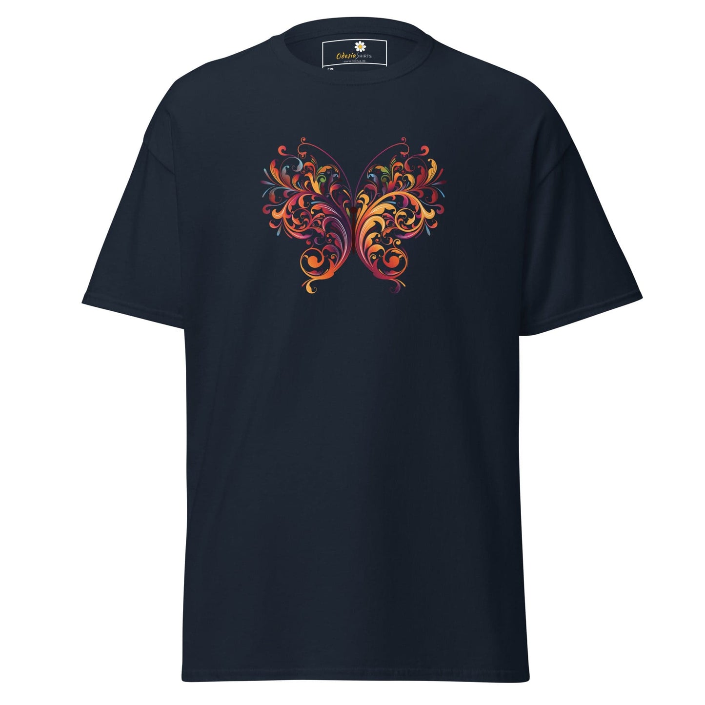 Navy T-shirt with colorful butterfly design for Men and Women in 2XL to 5XL sizes