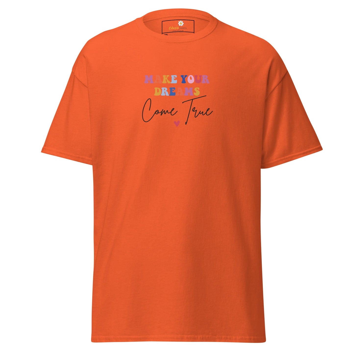 Orange t-shirt with colorful text.