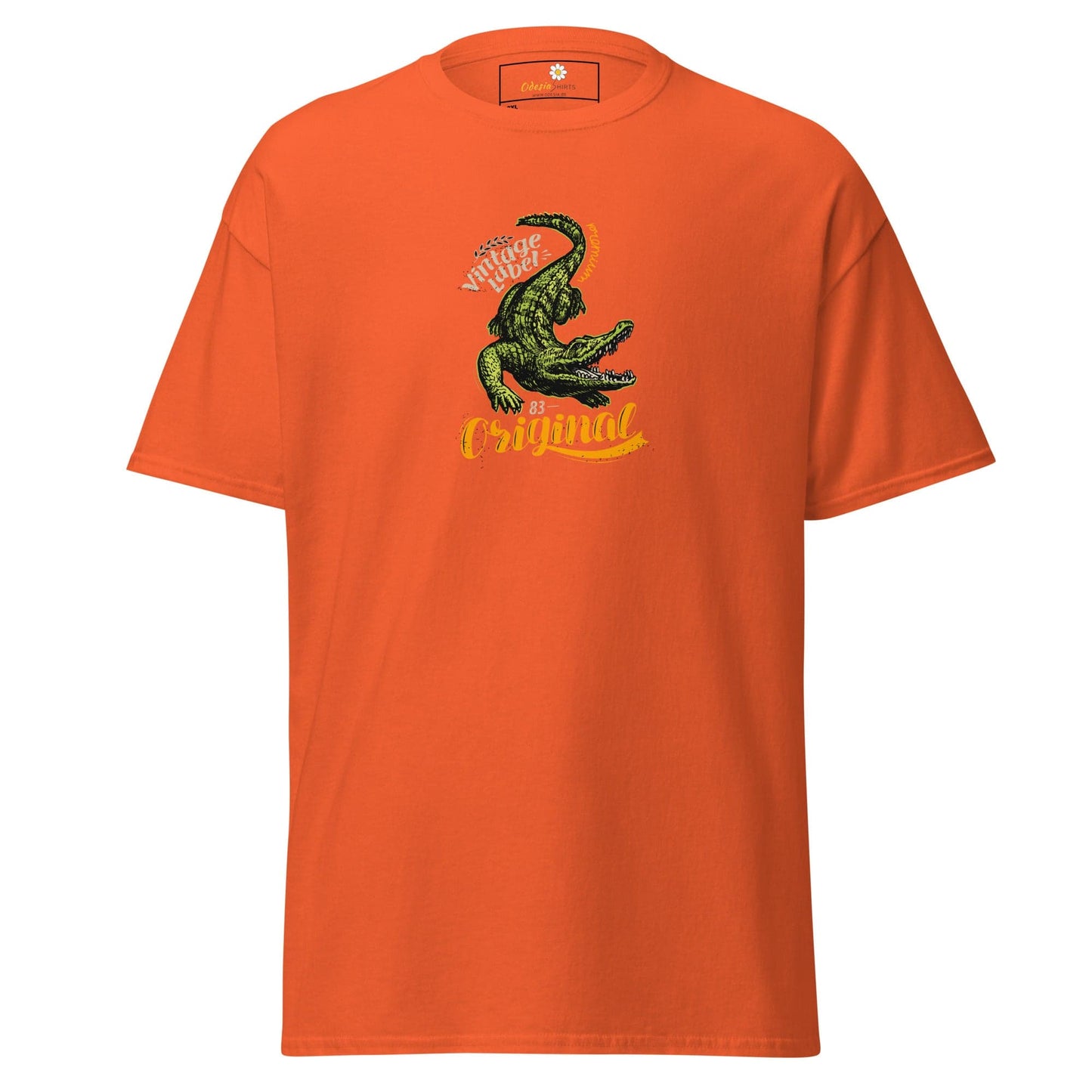 Orange t-shirt with alligator graphic.