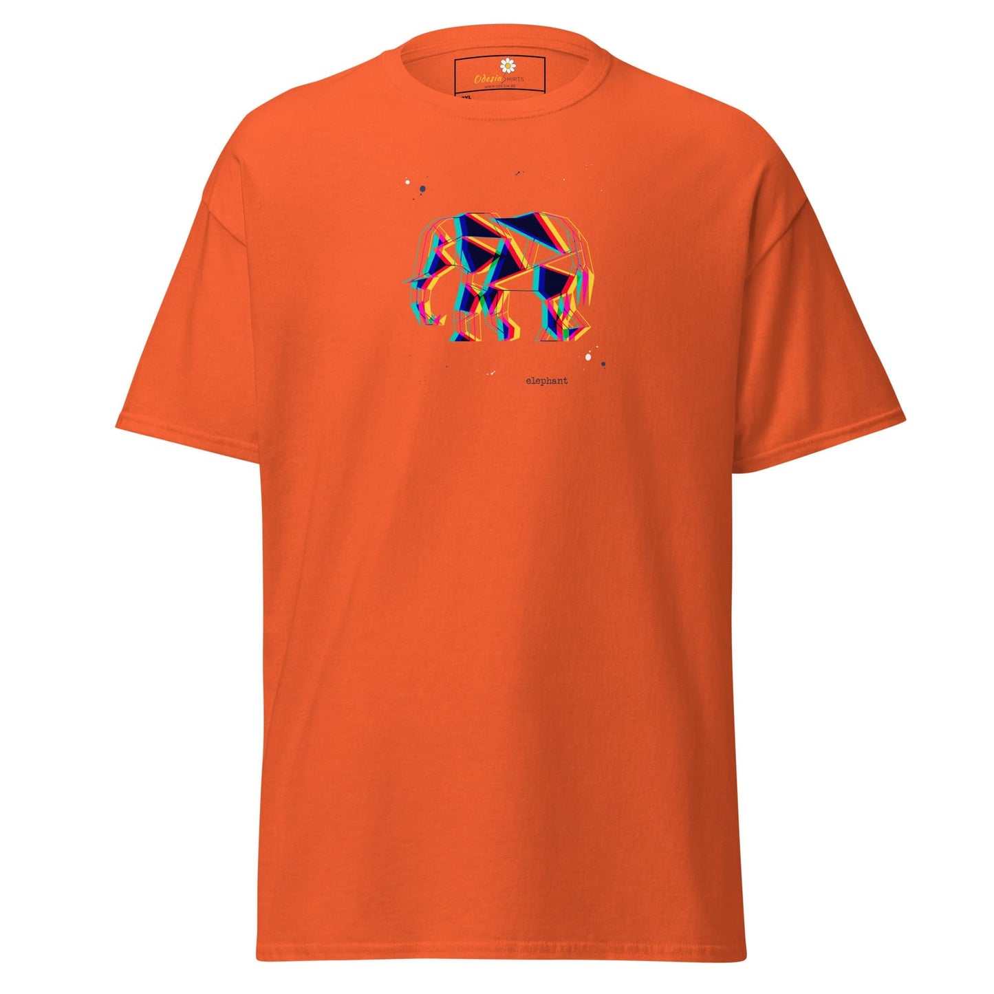 Orange t-shirt with geometric elephant design.