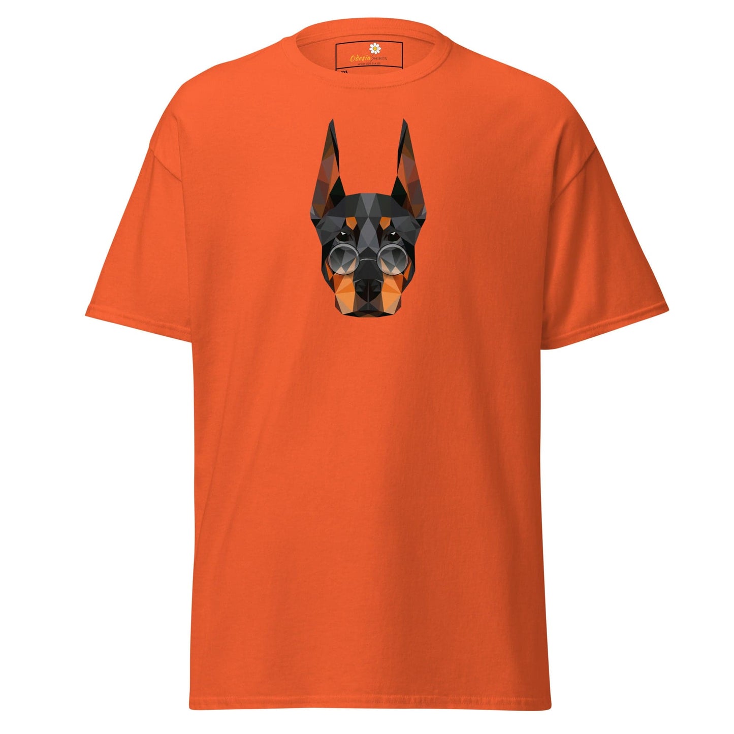 Orange T-shirt with geometric dog design for men and women in sizes 2XL to 5XL
