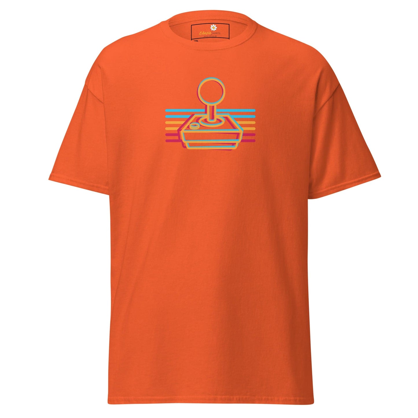 Orange t-shirt with retro joystick design.