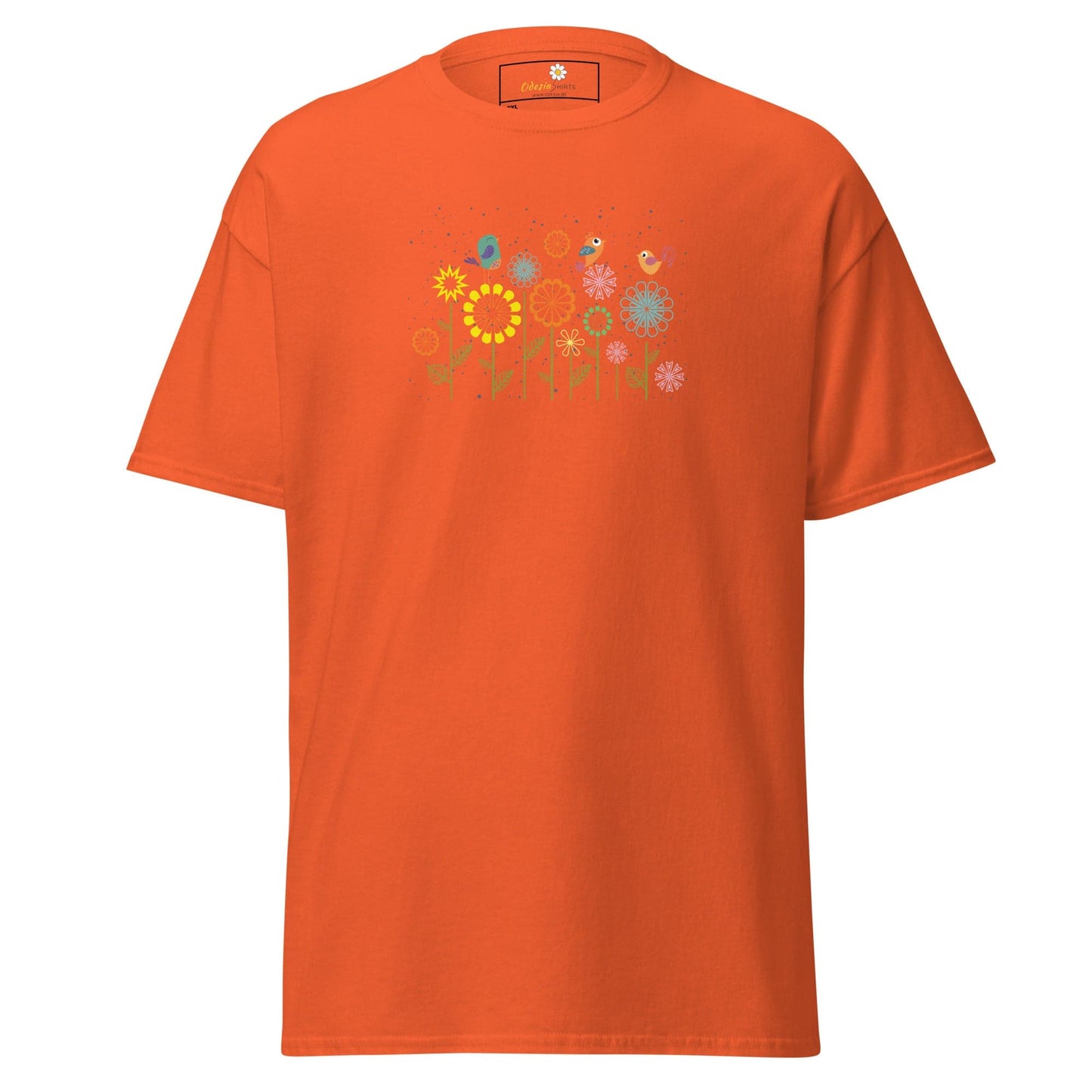Orange t-shirt with floral design.