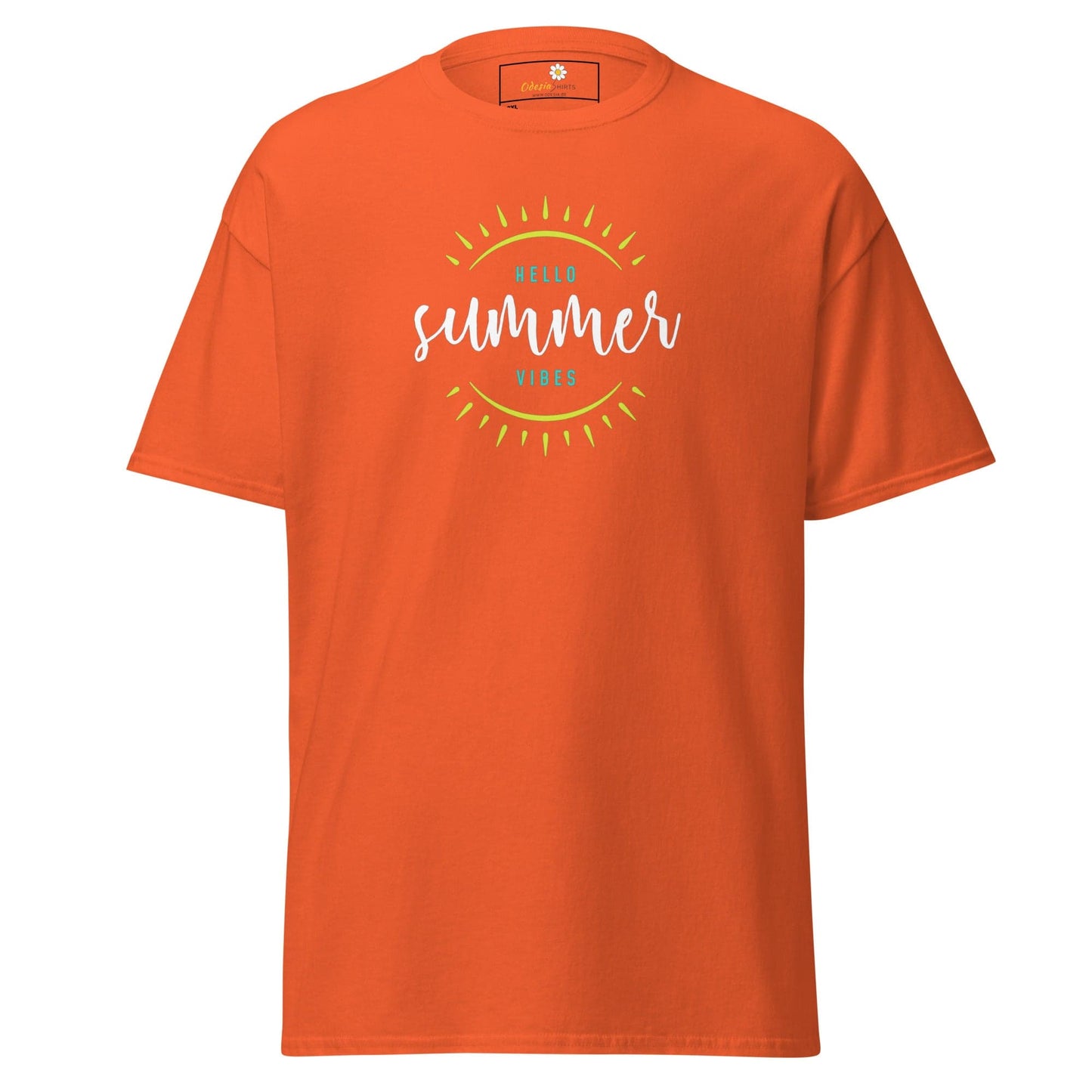 Orange t-shirt with summer graphic.