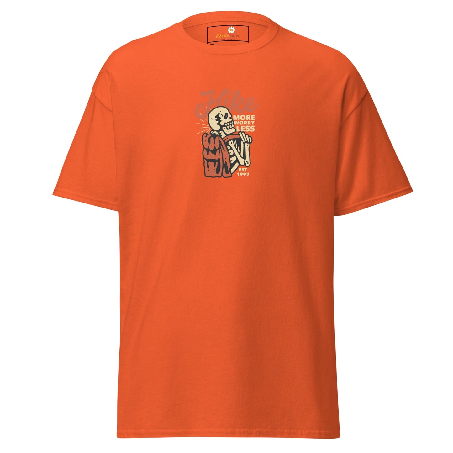 Orange t-shirt with skeleton graphic.