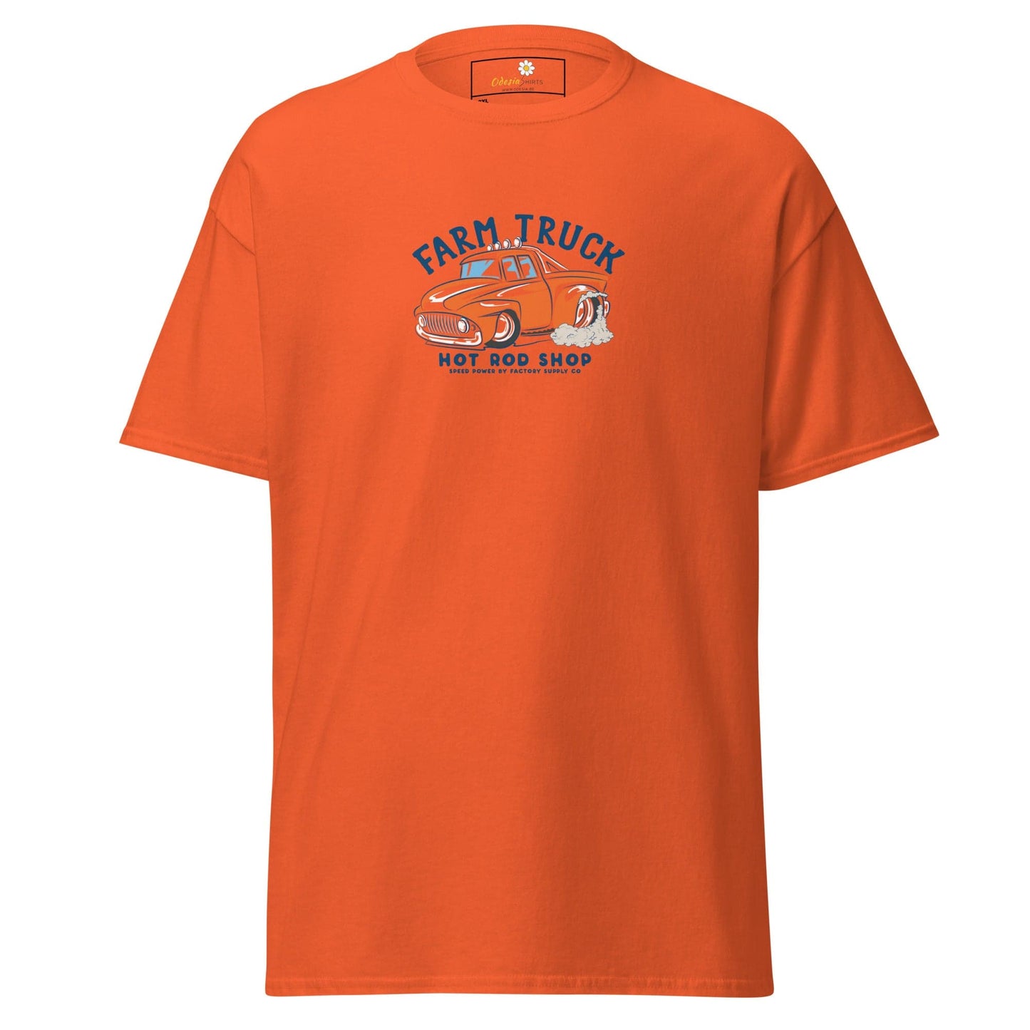Orange t-shirt with truck graphic.