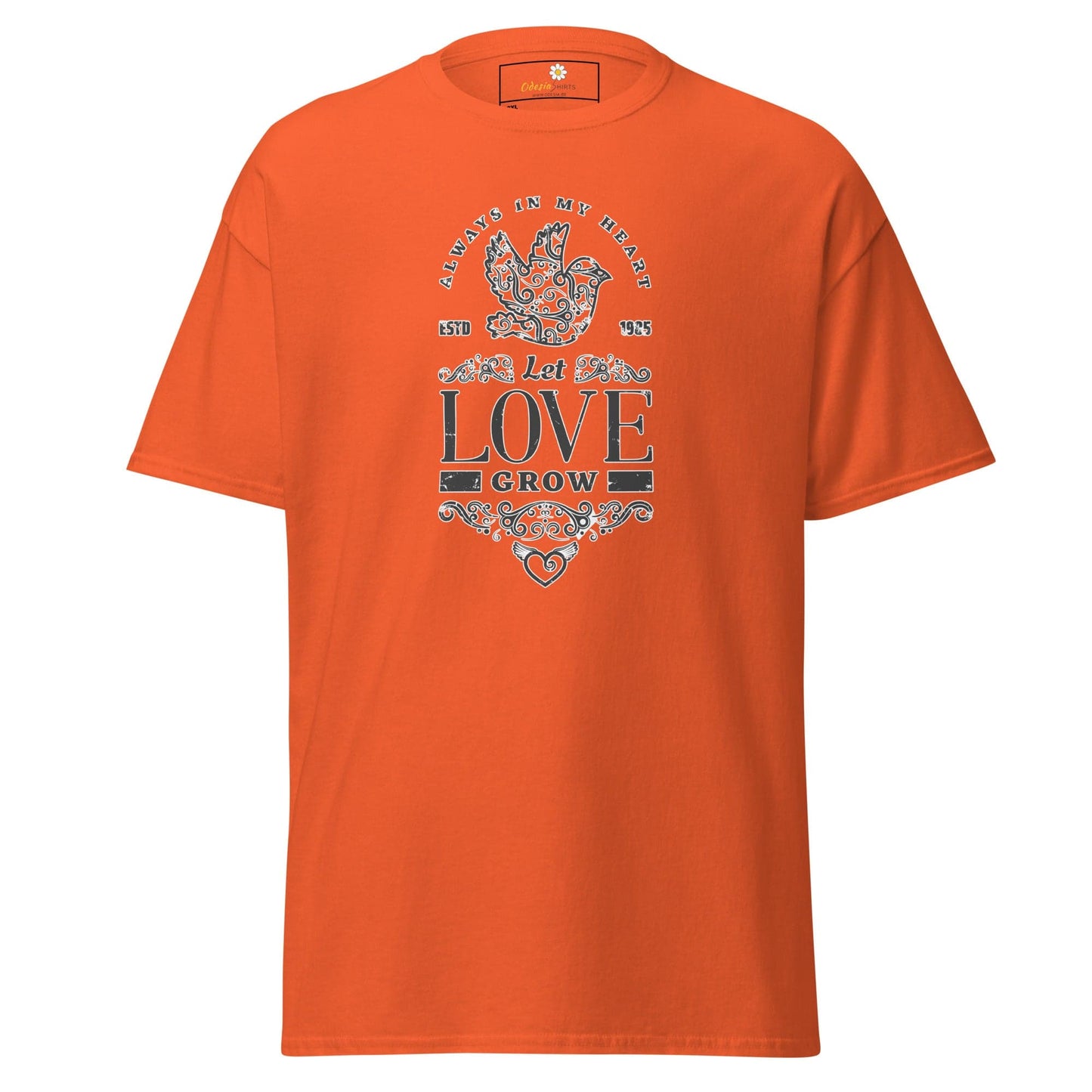 Orange T-Shirt with Let Love Grow graphic for Men and Women in 2XL to 5XL sizes