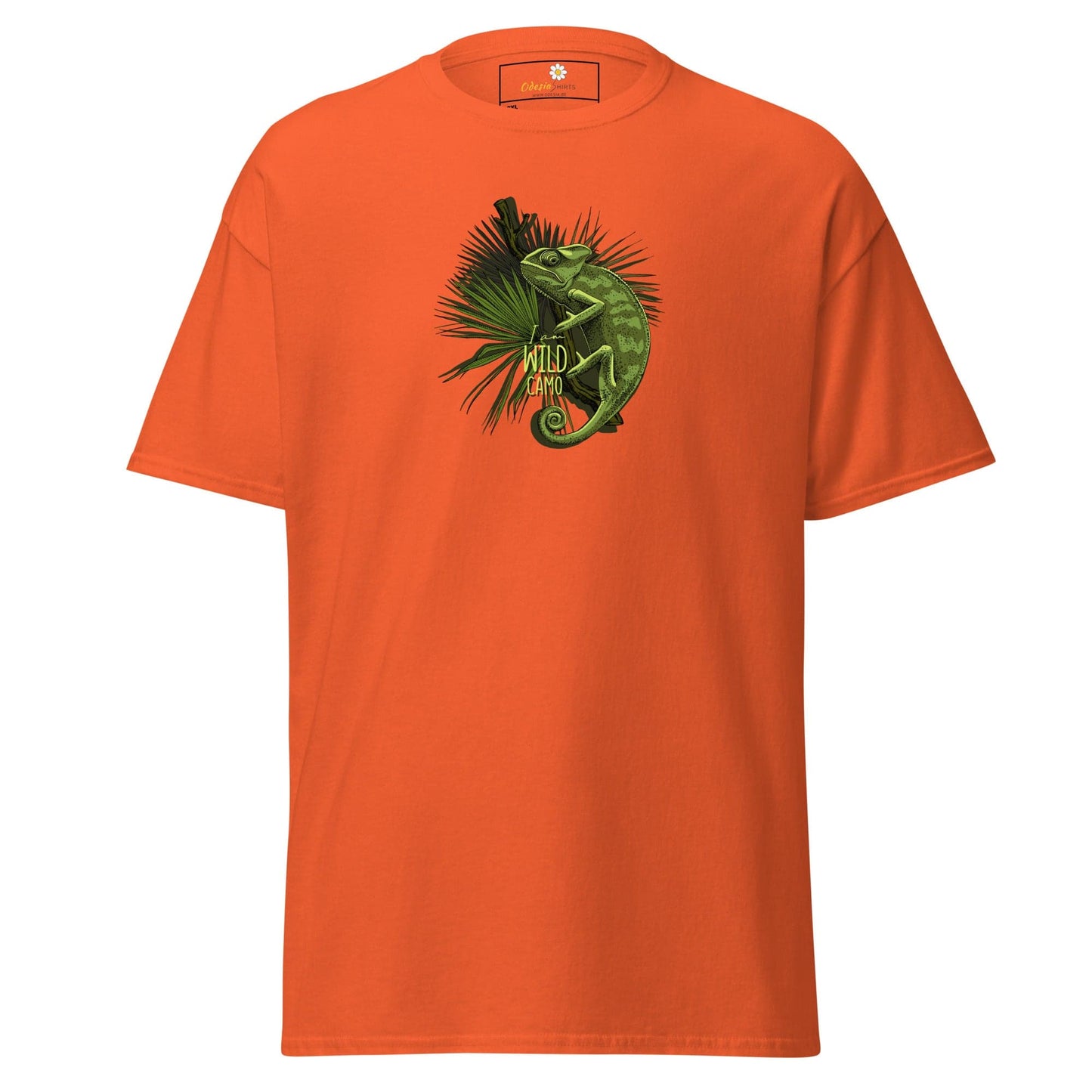 Orange t-shirt with chameleon graphic.