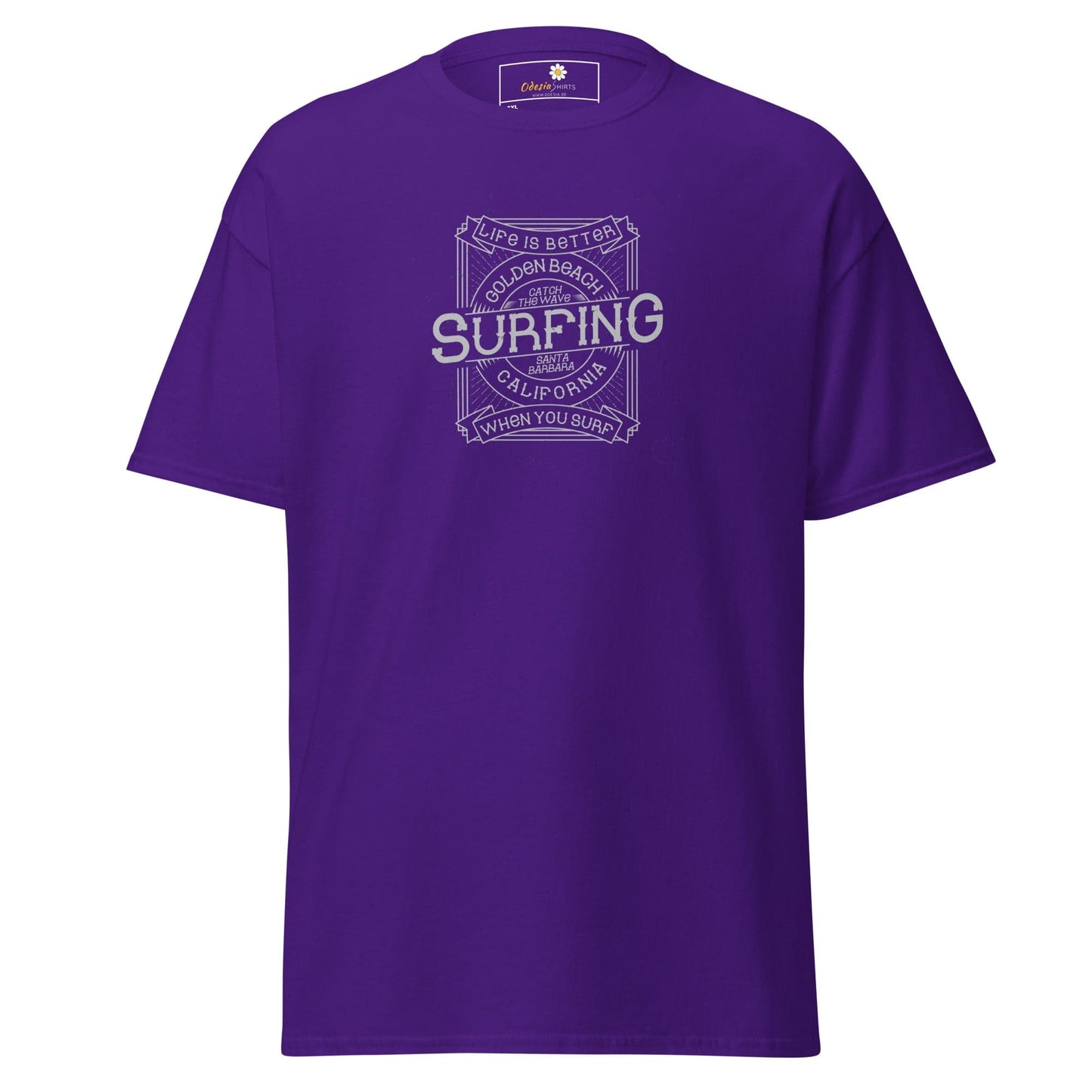 Purple T-shirt with surfing graphic for Men and Women in sizes 2XL to 5XL
