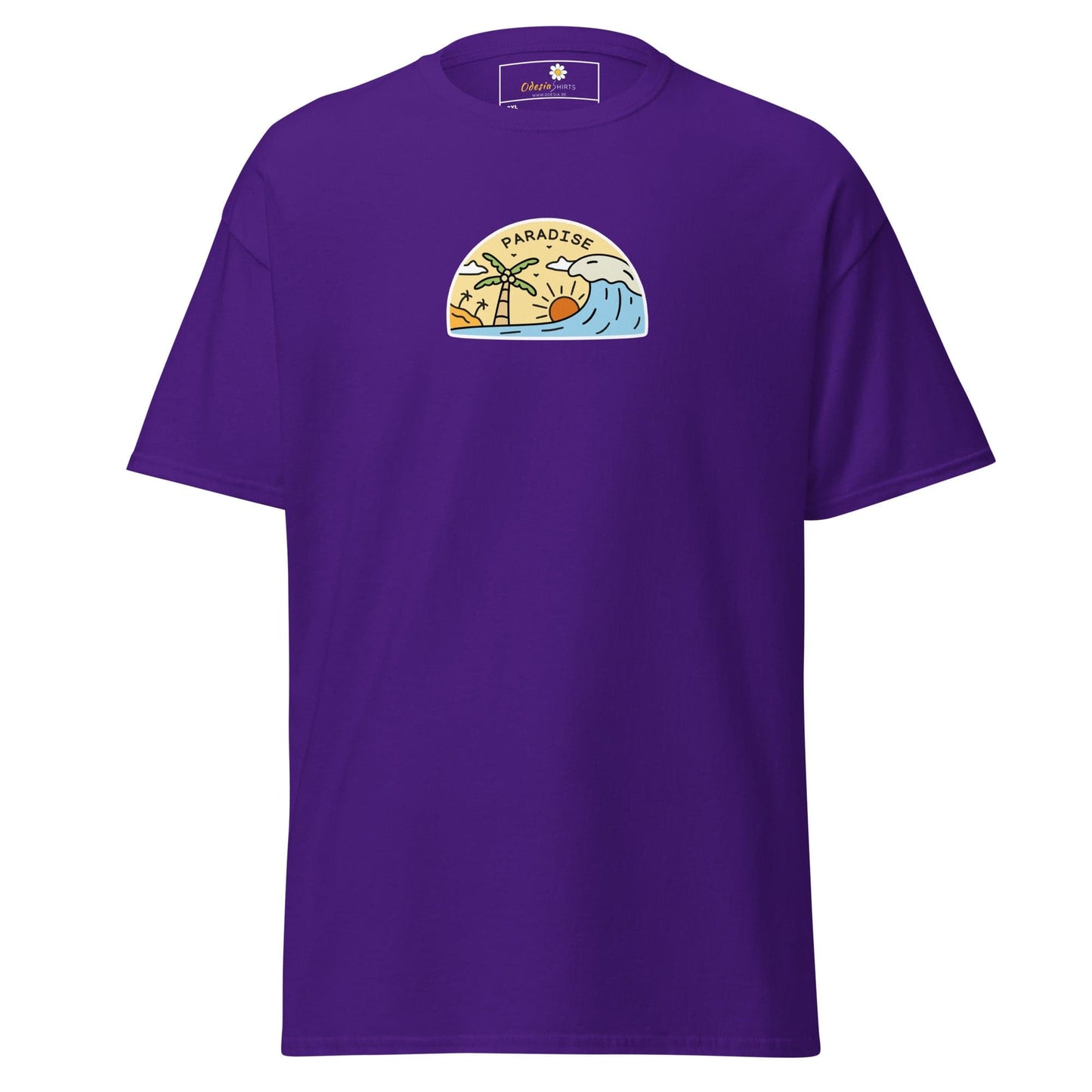Purple t-shirt with beach scene graphic.