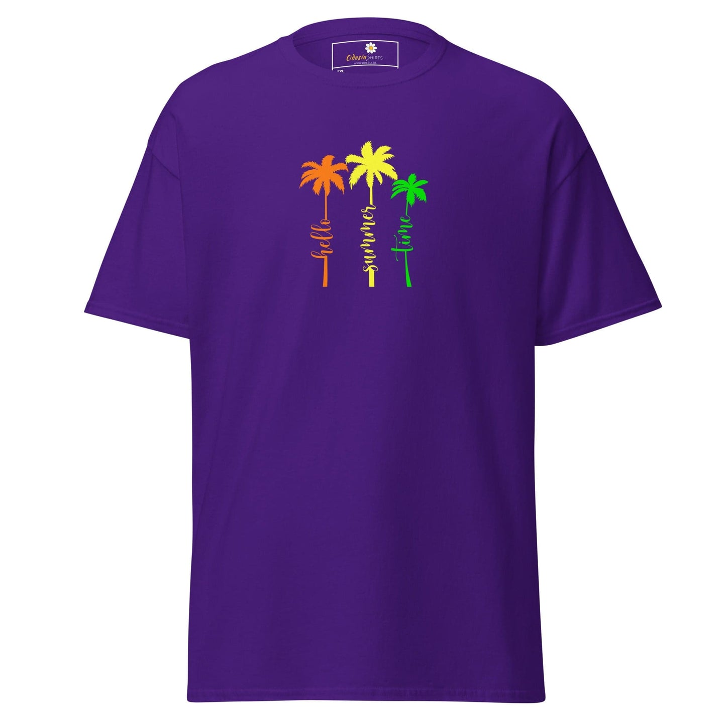 Purple t-shirt with colorful palm tree design.