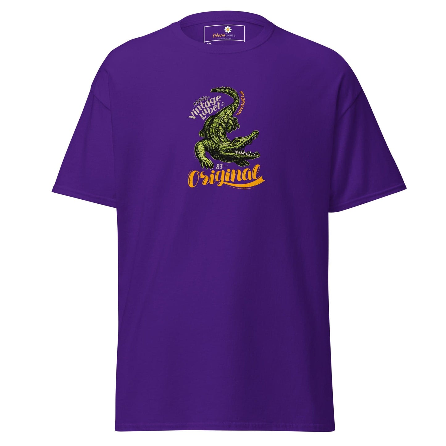 Purple t-shirt with crocodile graphic.