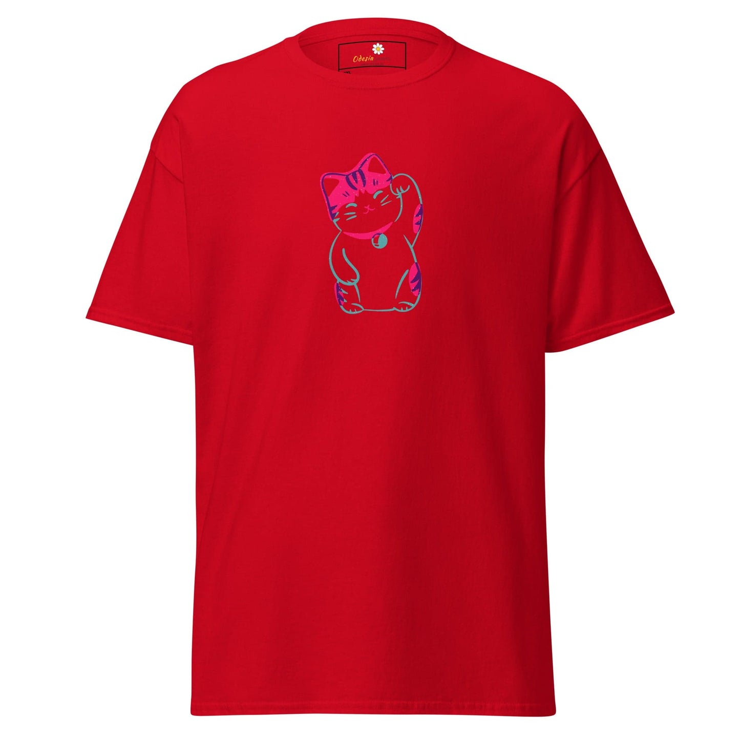 Red T-shirt featuring a lucky cat design for men and women in sizes 2XL to 5XL